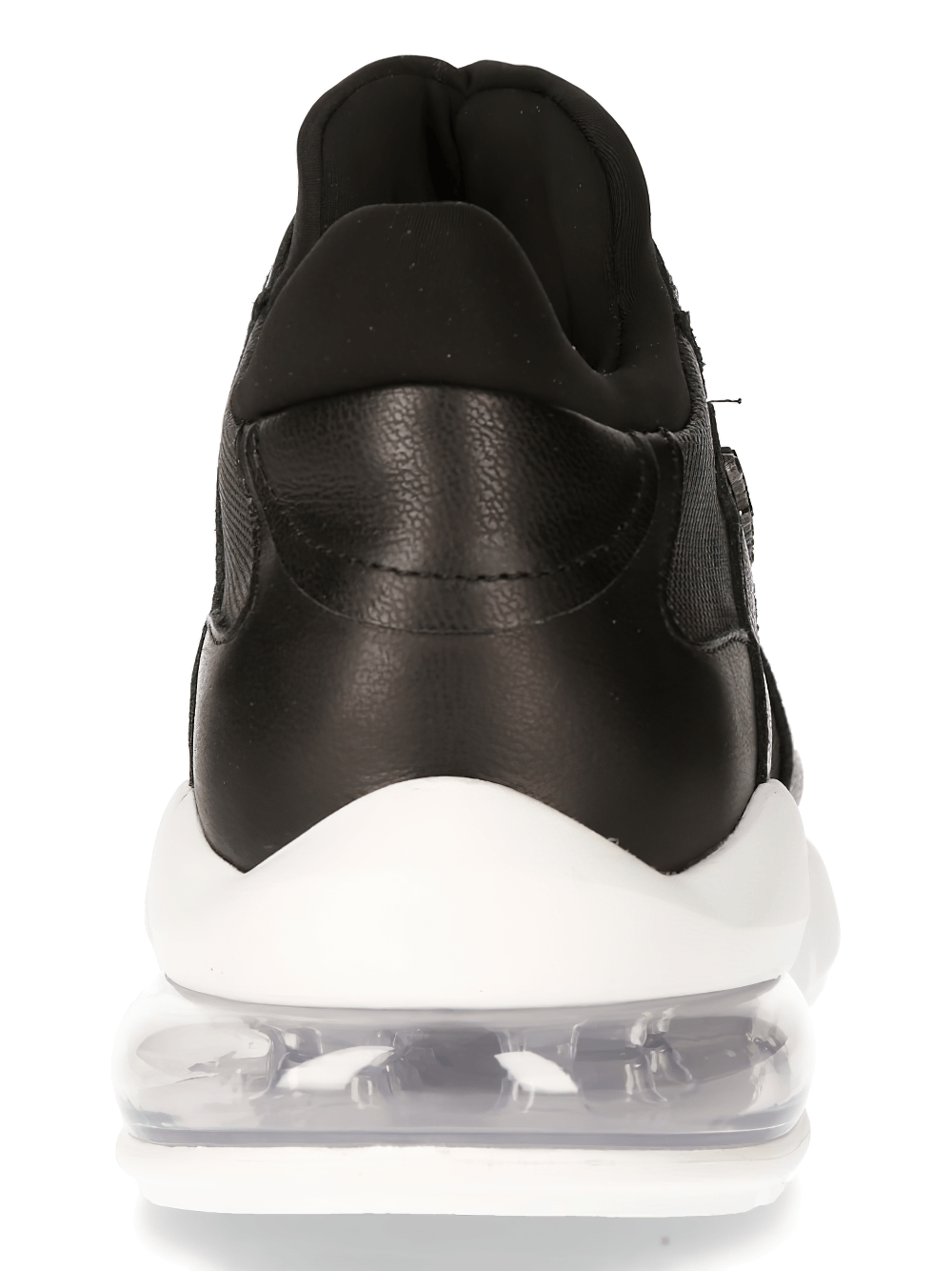 Back view of sleek black leather lace-up sneakers with a transparent sole, showcasing modern urban fashion.