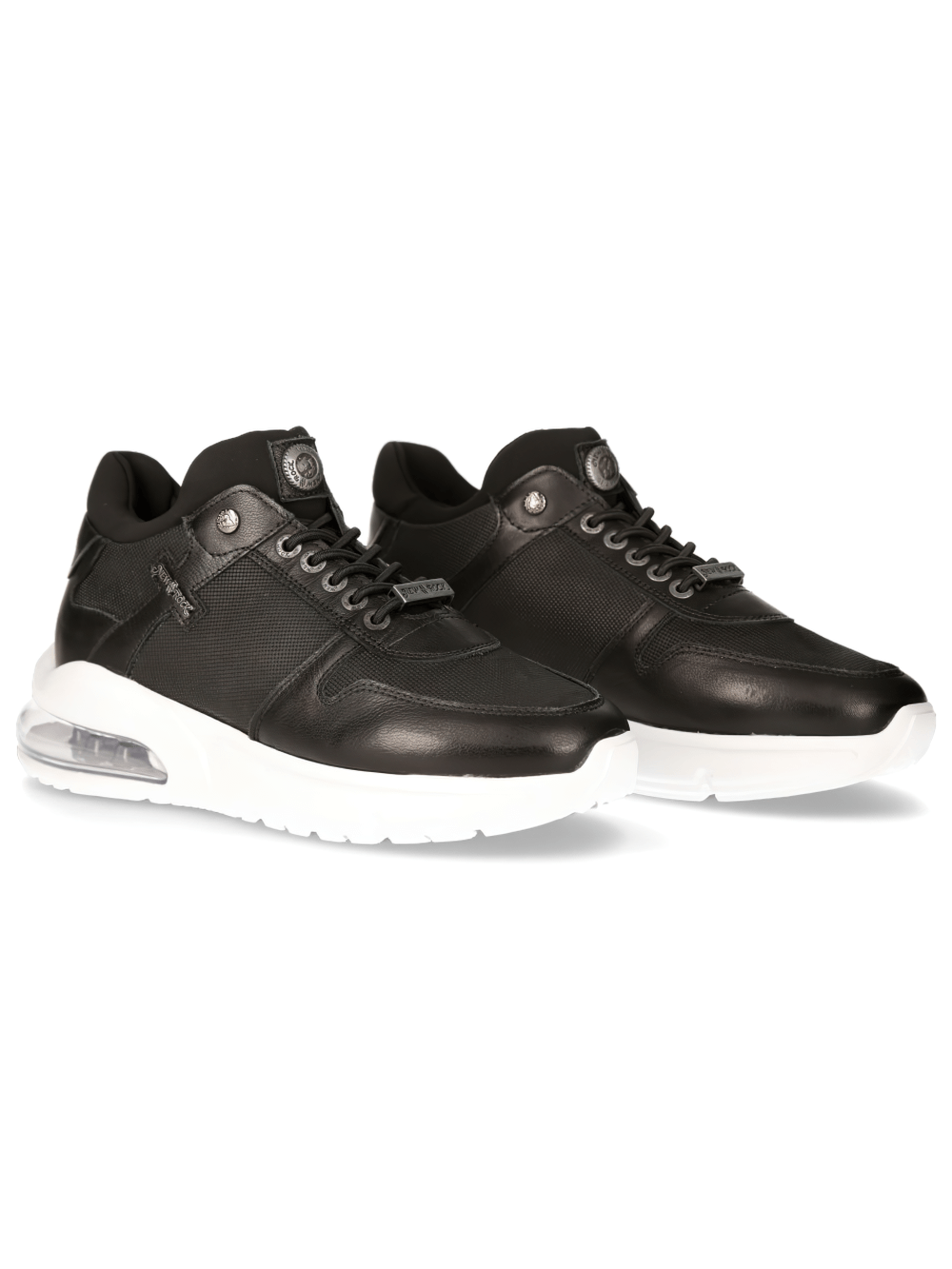 Modern black leather lace-up sneakers with white sole, stylish design perfect for urban fashion enthusiasts.