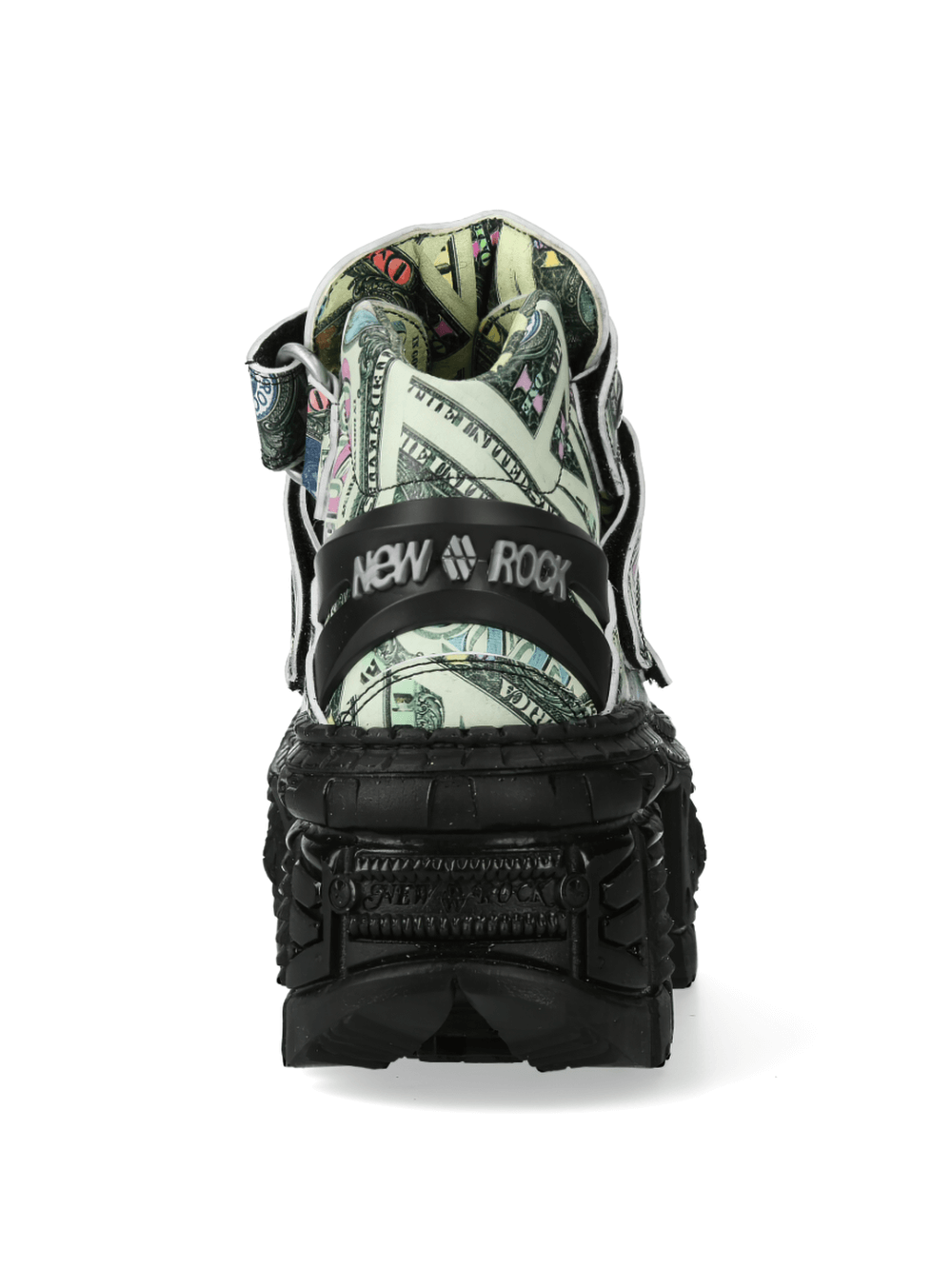 Back view of NEW ROCK Men's Money Print Strap Boots featuring a bold currency design and rugged sole.