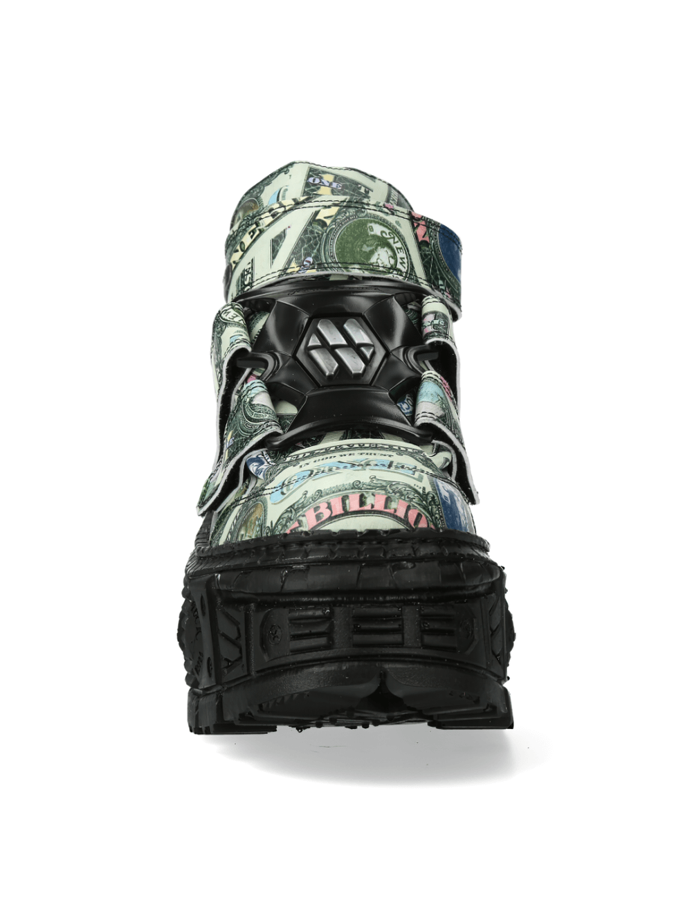 NEW ROCK Men's Money Print Strap Boots showcasing unique currency design and urban rock style.