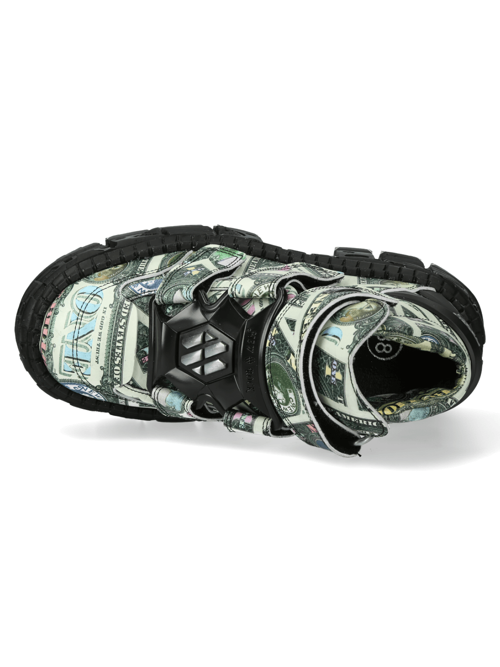 NEW ROCK Men's Money Print Strap Boots showcasing unique currency design and robust sole, perfect for edgy urban style.