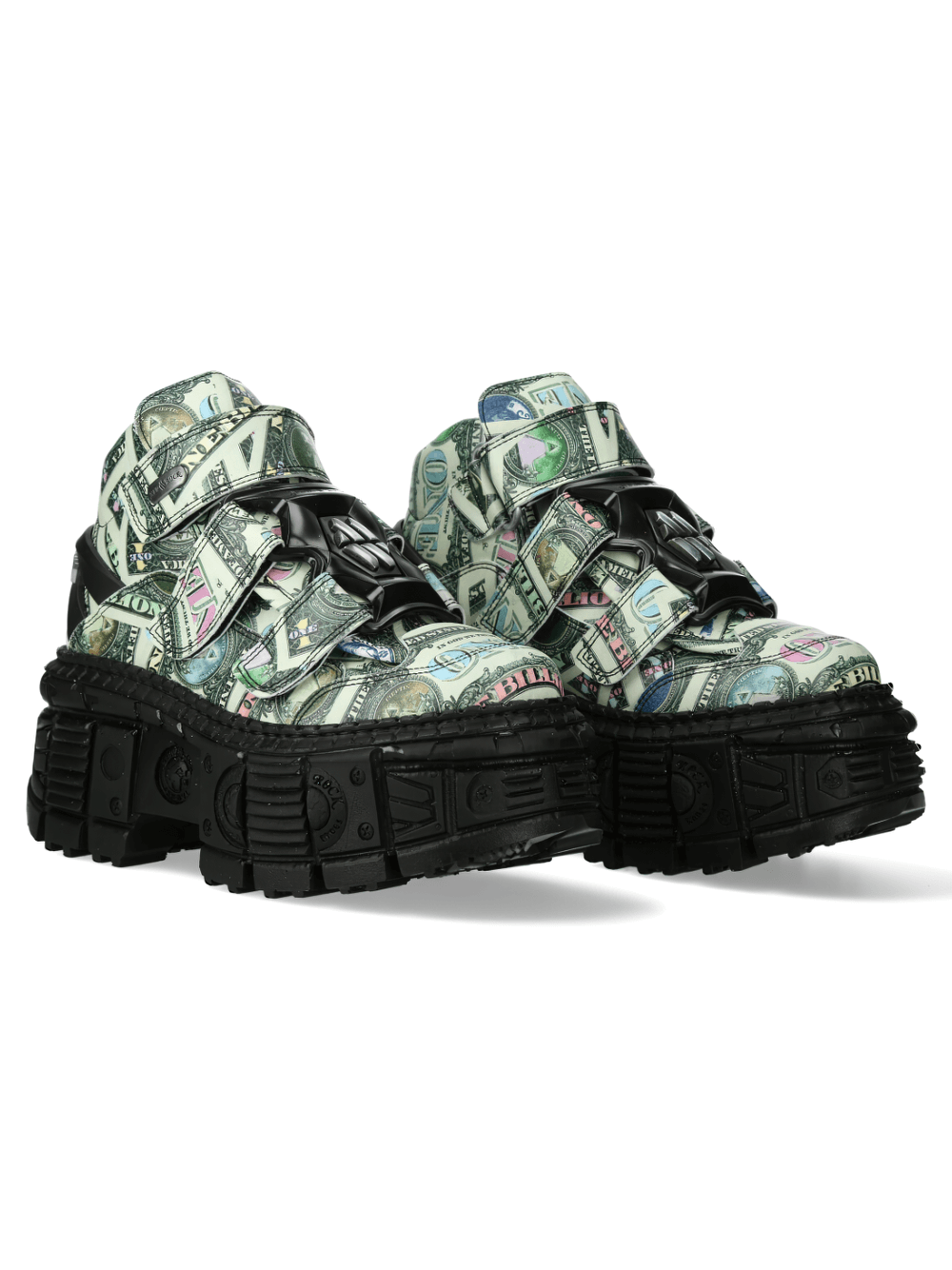 NEW ROCK Men's Money Print Strap Boots featuring a unique currency design, perfect for bold urban rock style.