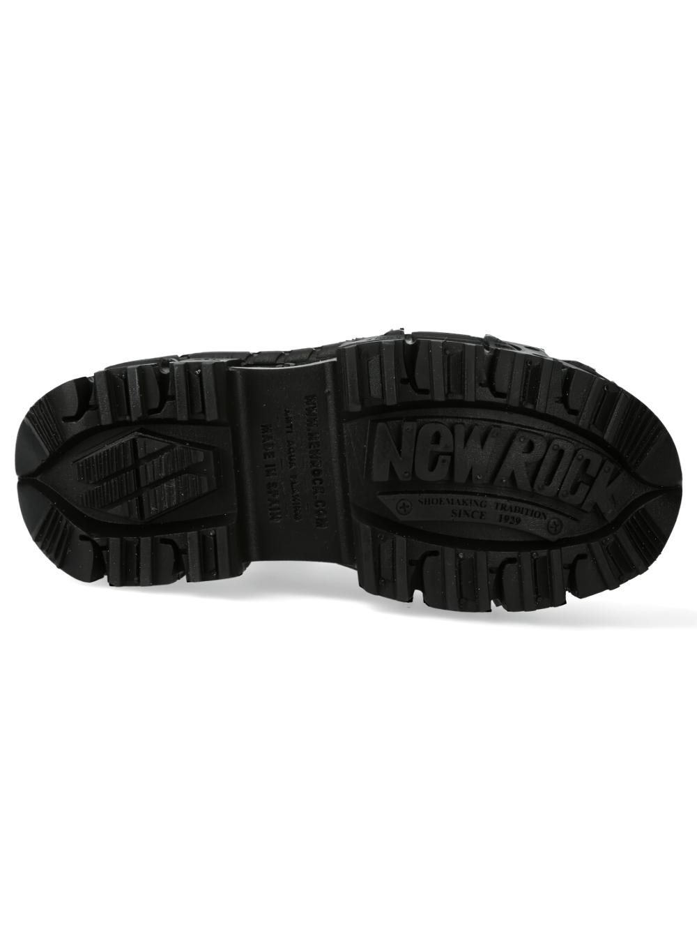 Bottom view of NEW ROCK Men's Money Print Strap Boots showing the robust PU-ultra sole for grip and durability.