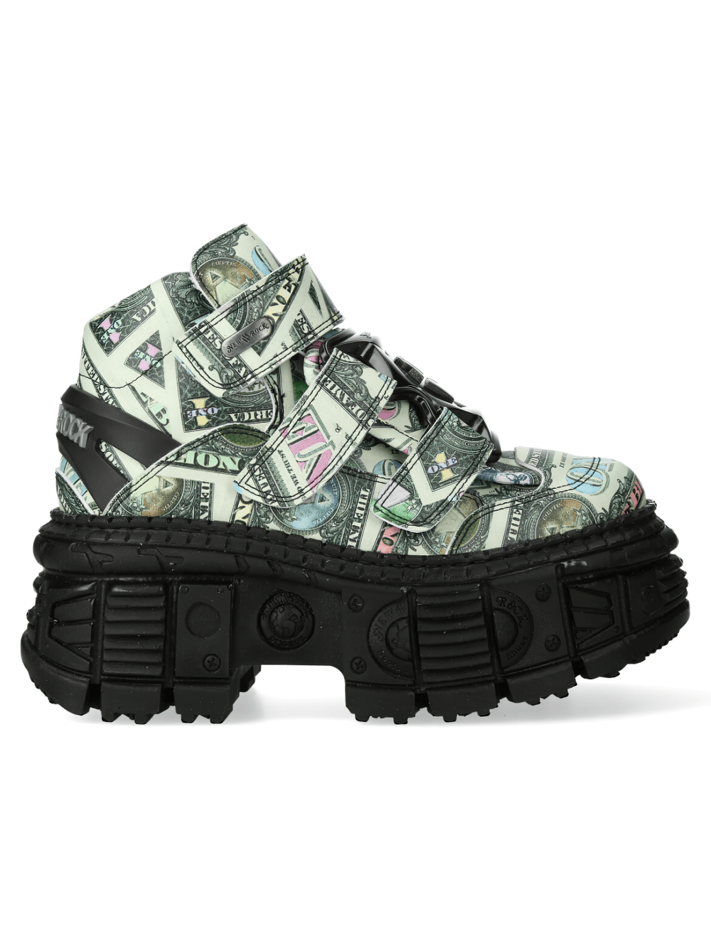 NEW ROCK Men's Money Print Ankle Boots with bold currency design and chunky sole for edgy urban style.