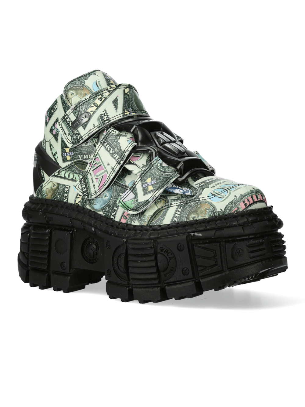NEW ROCK men's money print ankle boots with unique currency design, vegan leather, and chunky sole.