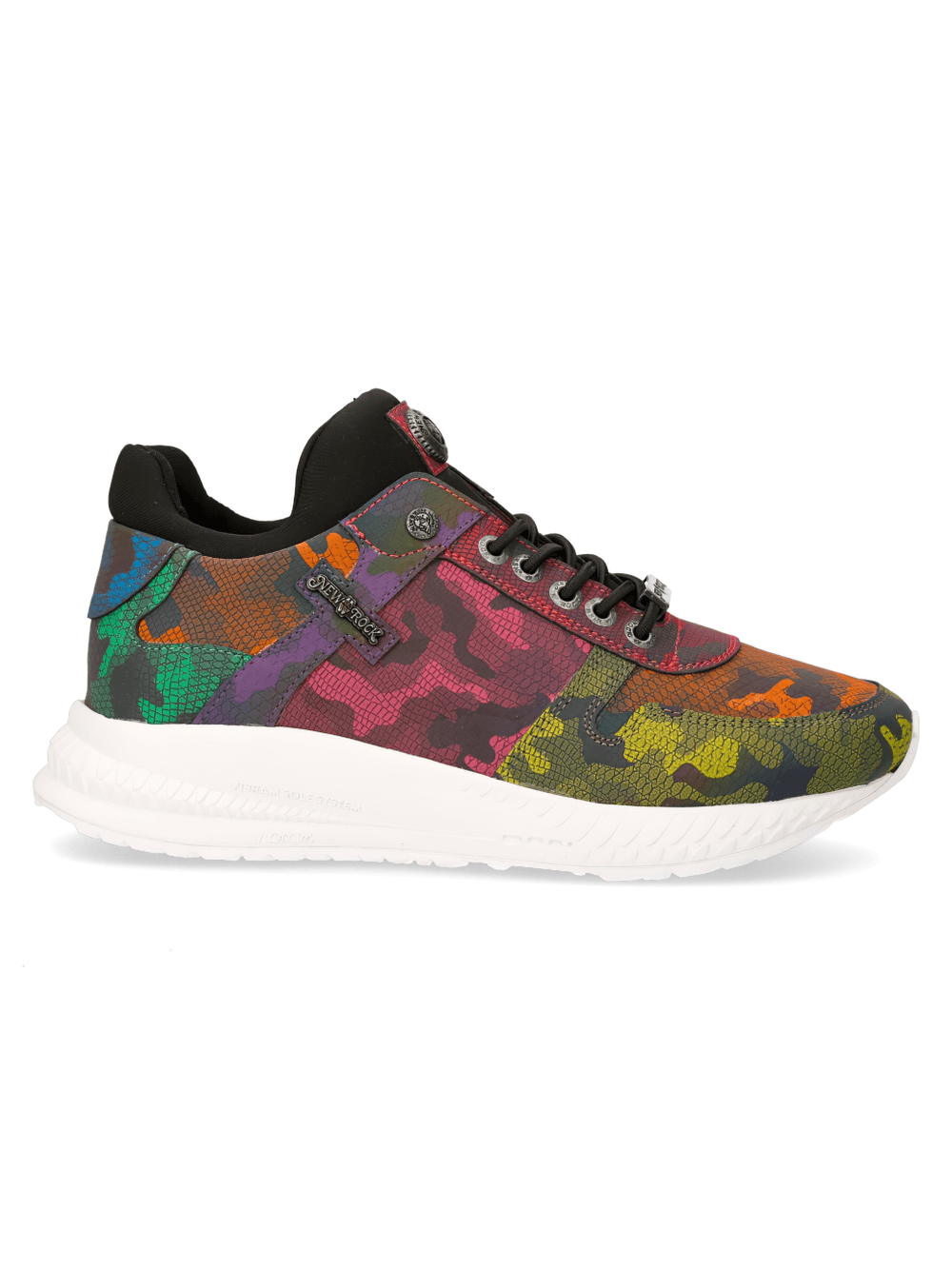 NEW ROCK multicolor camo lace-up sports sneakers blending fashion and cyberpunk design.