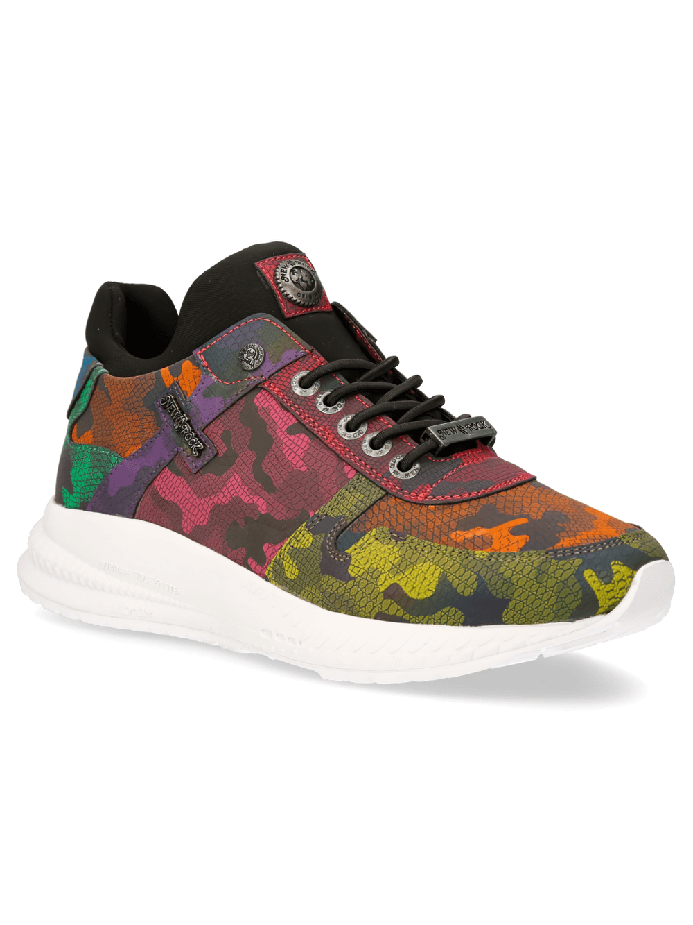 NEW ROCK multicolor camo lace-up sneakers, vibrant camo pattern athletic shoes in cyberpunk style.