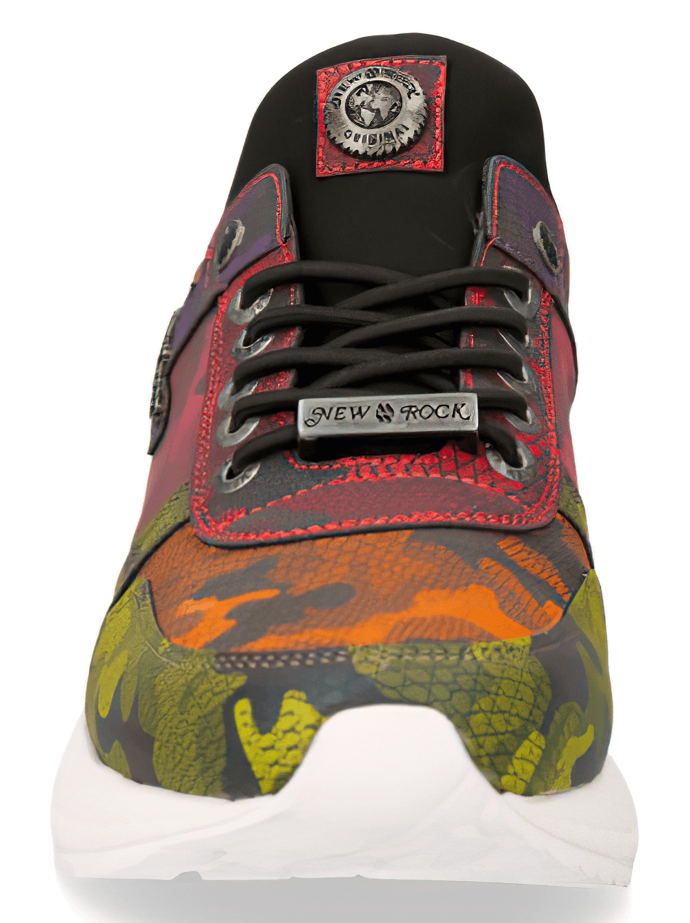 Front view of NEW ROCK multicolor camo lace-up sports sneakers with cyberpunk style.