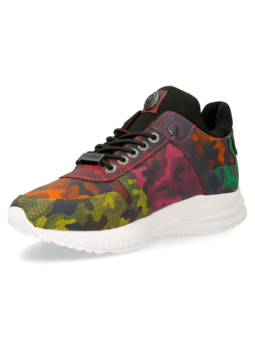 NEW ROCK multicolor camo lace-up sports sneakers with cyberpunk style and vibrant pattern.