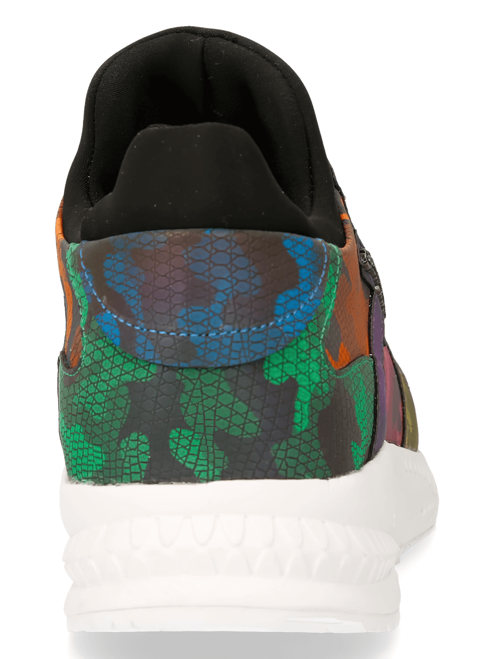 Back view of NEW ROCK multicolor camo lace-up sports sneakers with vibrant patterns and cushioned sole.