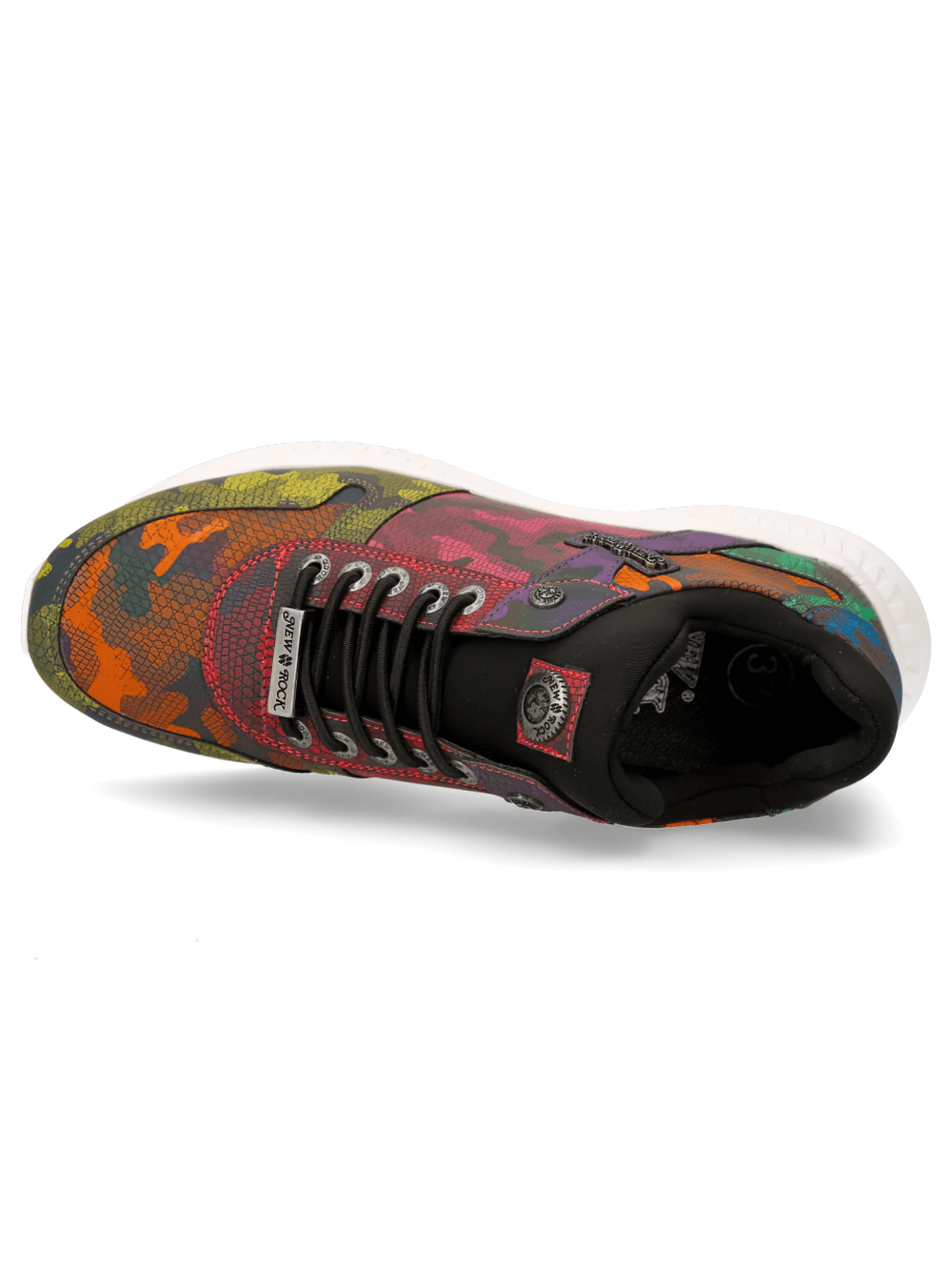 NEW ROCK multicolor camo lace-up sports sneakers showcasing vibrant cyberpunk design from above.