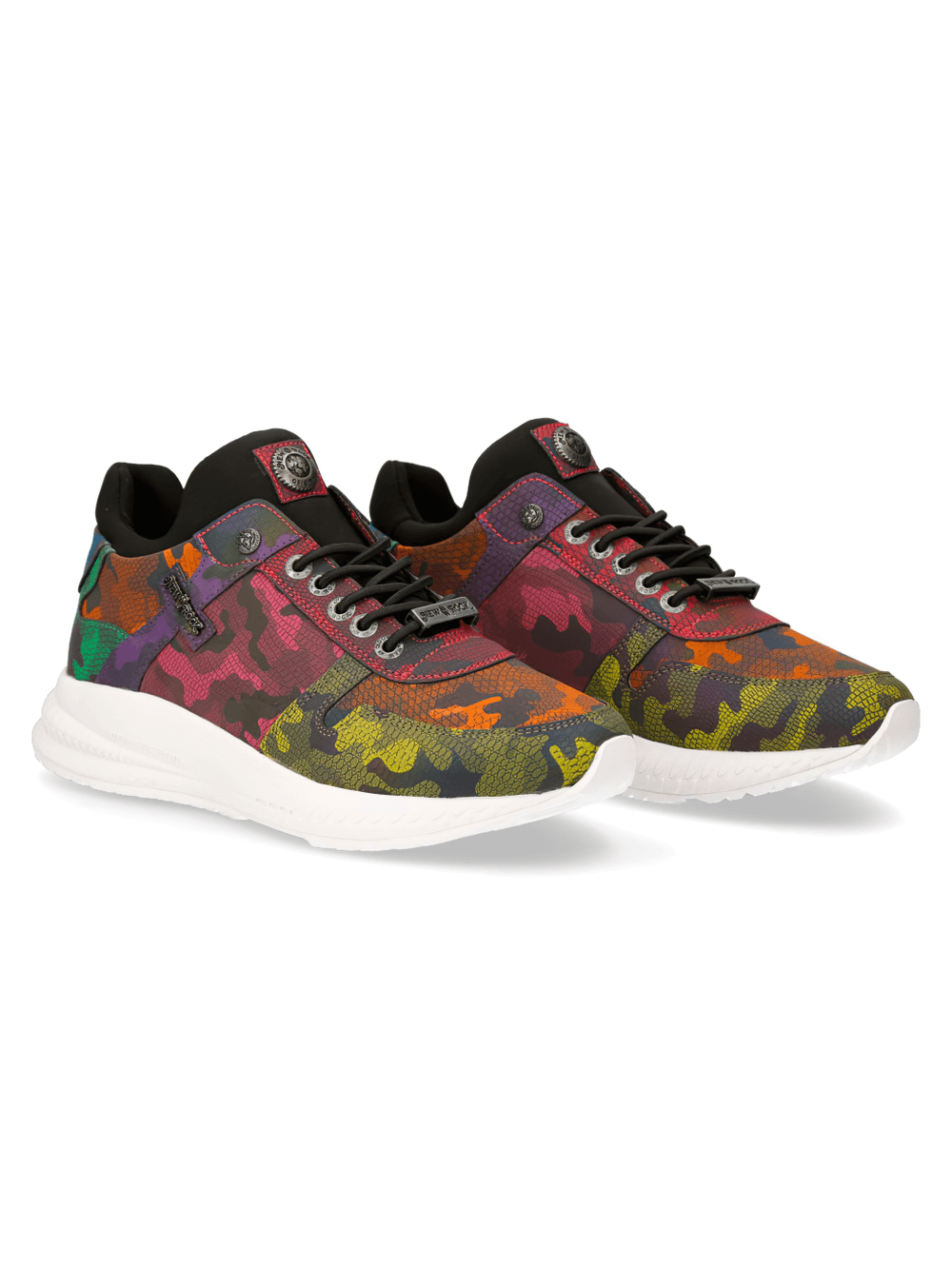 NEW ROCK multicolor camo lace-up sports sneakers featuring a stylish cyberpunk design and vibrant camouflage print.