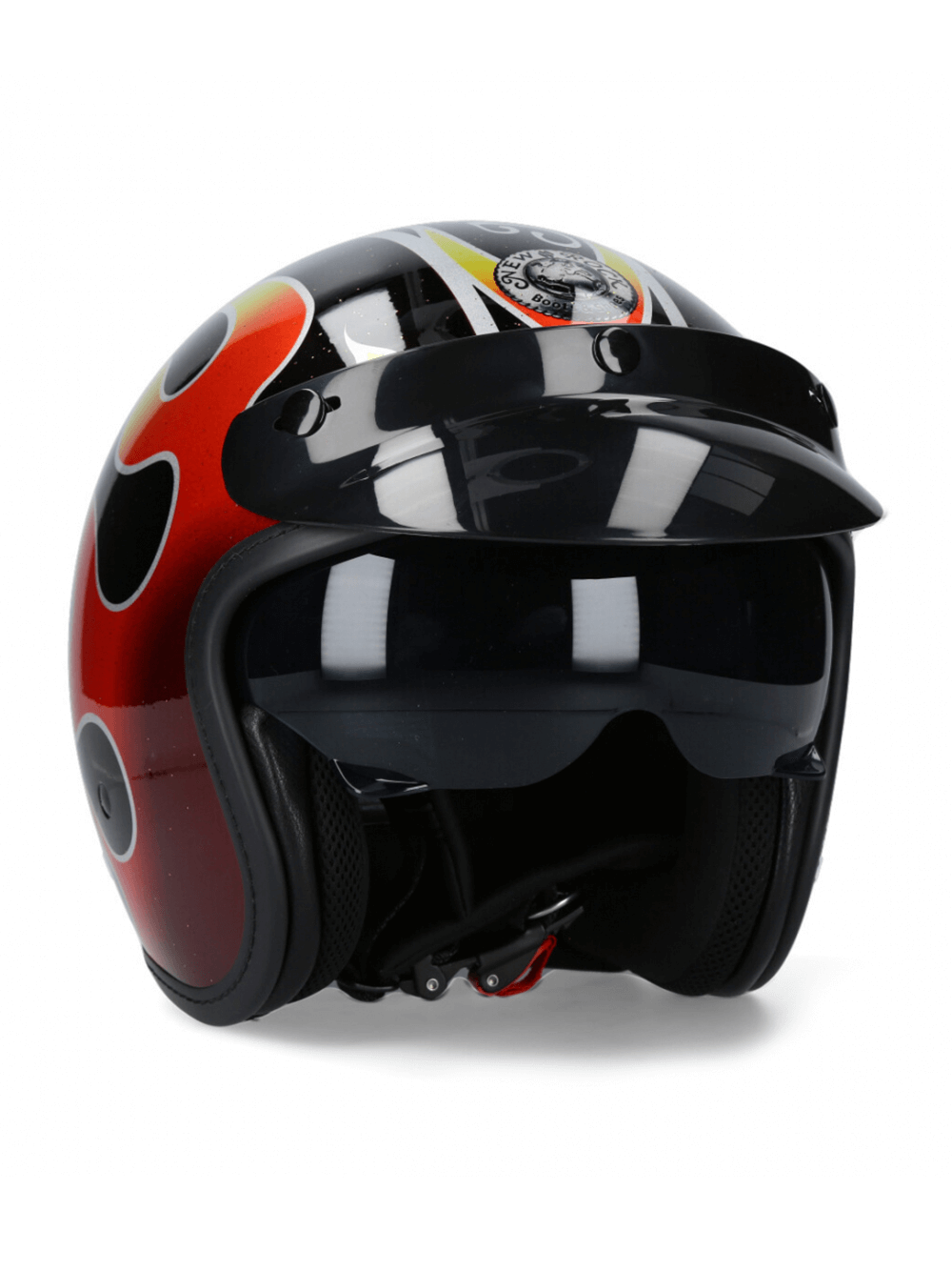 NEW ROCK open-face biker helmet with flame pattern, sleek black design, and secure click buckle for street riders.