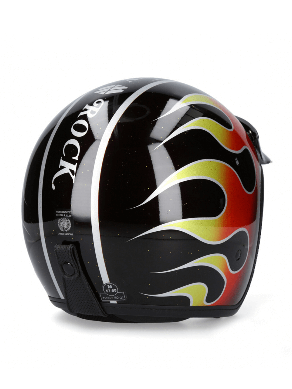 NEW ROCK open-face biker helmet with flame pattern, black and red design for stylish motorcycle riders.