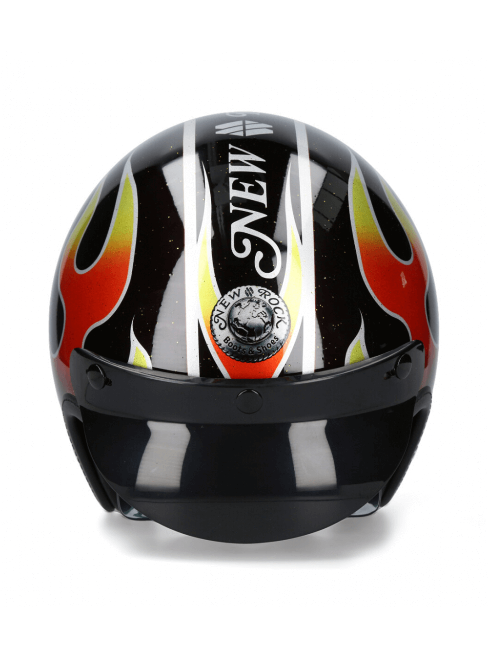 NEW ROCK open-face biker helmet with flame-patterned design, click buckle closure for street riders.