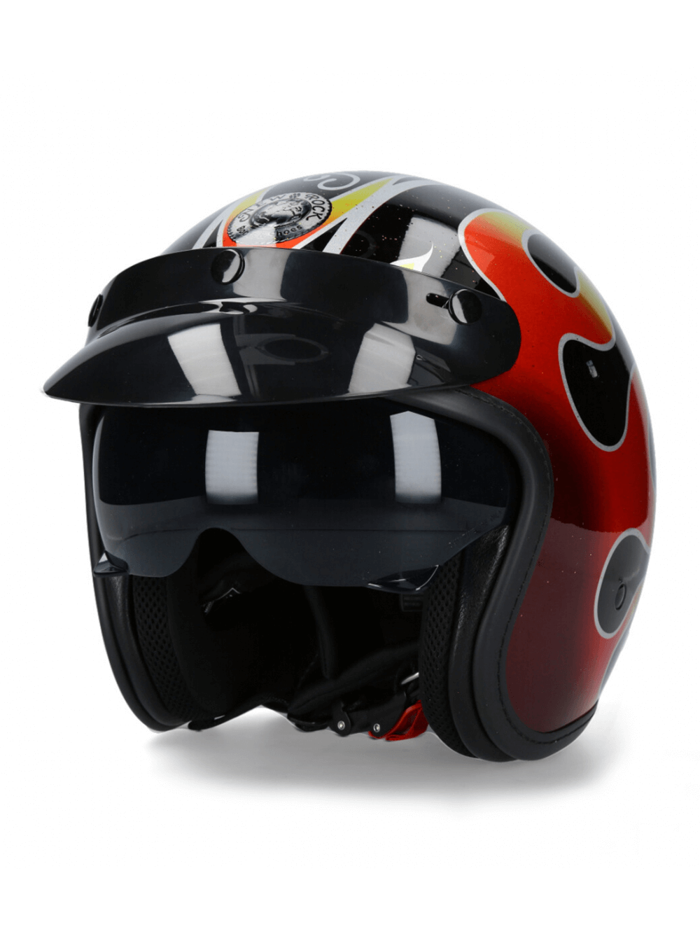 Flame-patterned NEW ROCK open-face motorcycle helmet with click buckle, perfect for street riders.