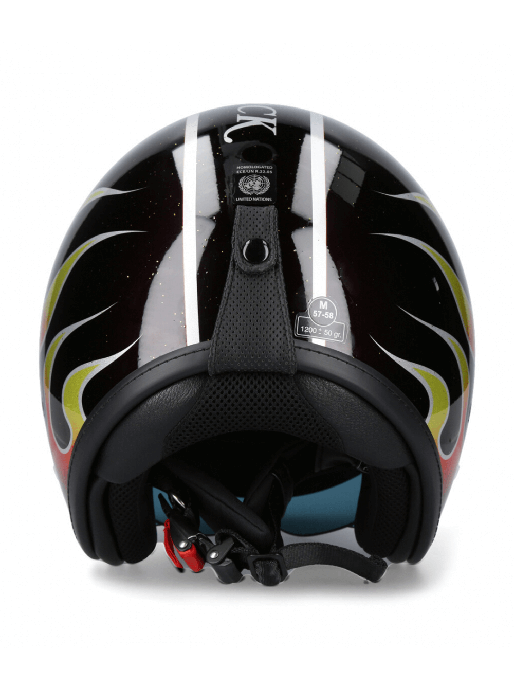 Back view of the NEW ROCK open-face biker helmet with flame pattern and click buckle for stylish motorcycle rides.