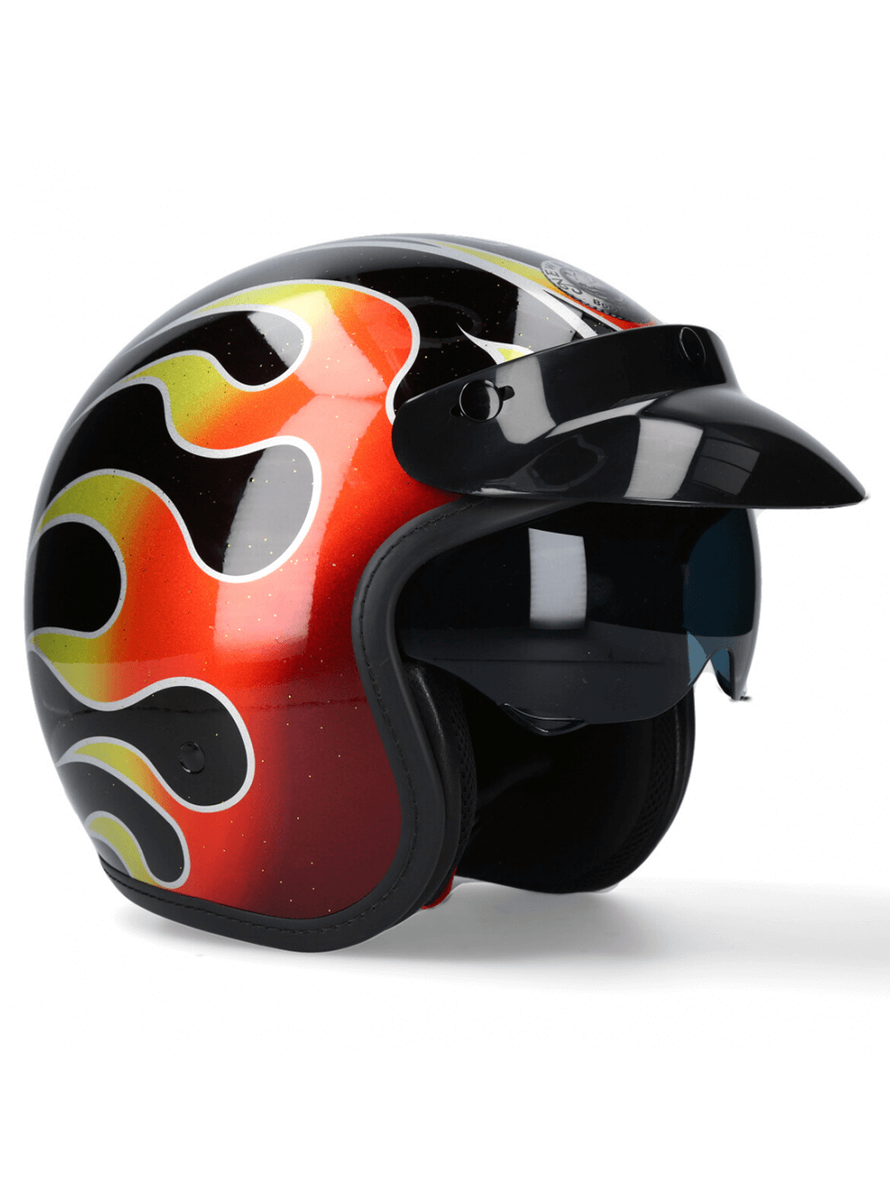 Stylish NEW ROCK open-face biker helmet with flame pattern, designed for street riders and optimal airflow.