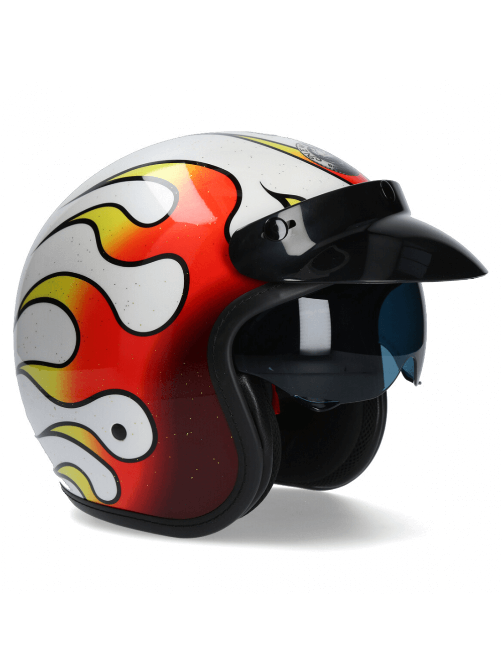 NEW ROCK open-face urban biker helmet with flame graphics and click buckle closure for stylish safety.