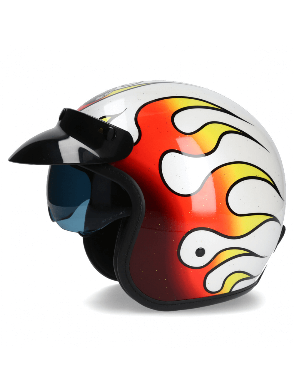 NEW ROCK Open-Face Urban Biker Helmet with bold flame graphics and visor, ideal for stylish motorcycle riders.