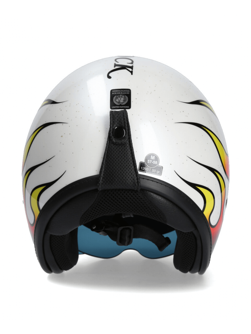 Back view of NEW ROCK Open-Face Urban Biker Helmet with flame graphics and click buckle closure.