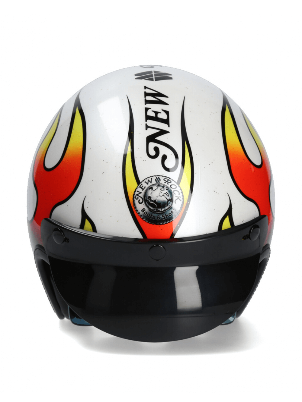 NEW ROCK open-face biker helmet featuring bold flame graphics and secure click buckle for a stylish, snug fit.