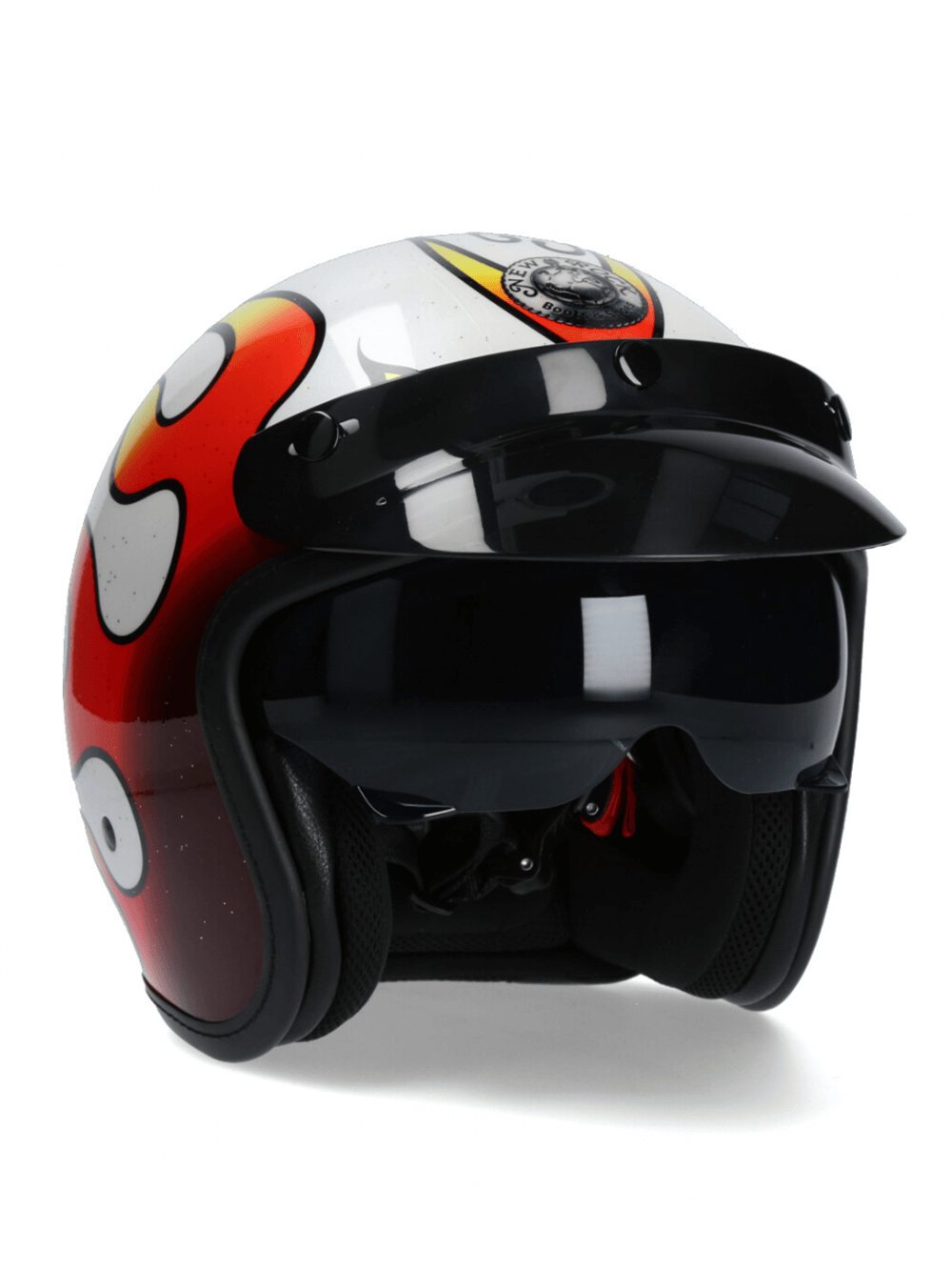 NEW ROCK open-face urban biker helmet with bold flame graphics and visor for motorcycle riders.