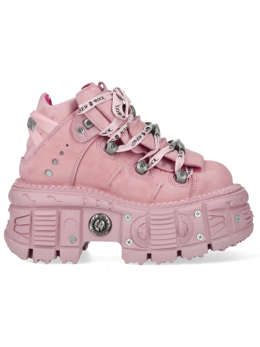 Alt Tag: NEW ROCK Pink Gothic Ankle Boots with Industrial Trim Design pastel pink chunky platform ankle boot with metallic lace hardware