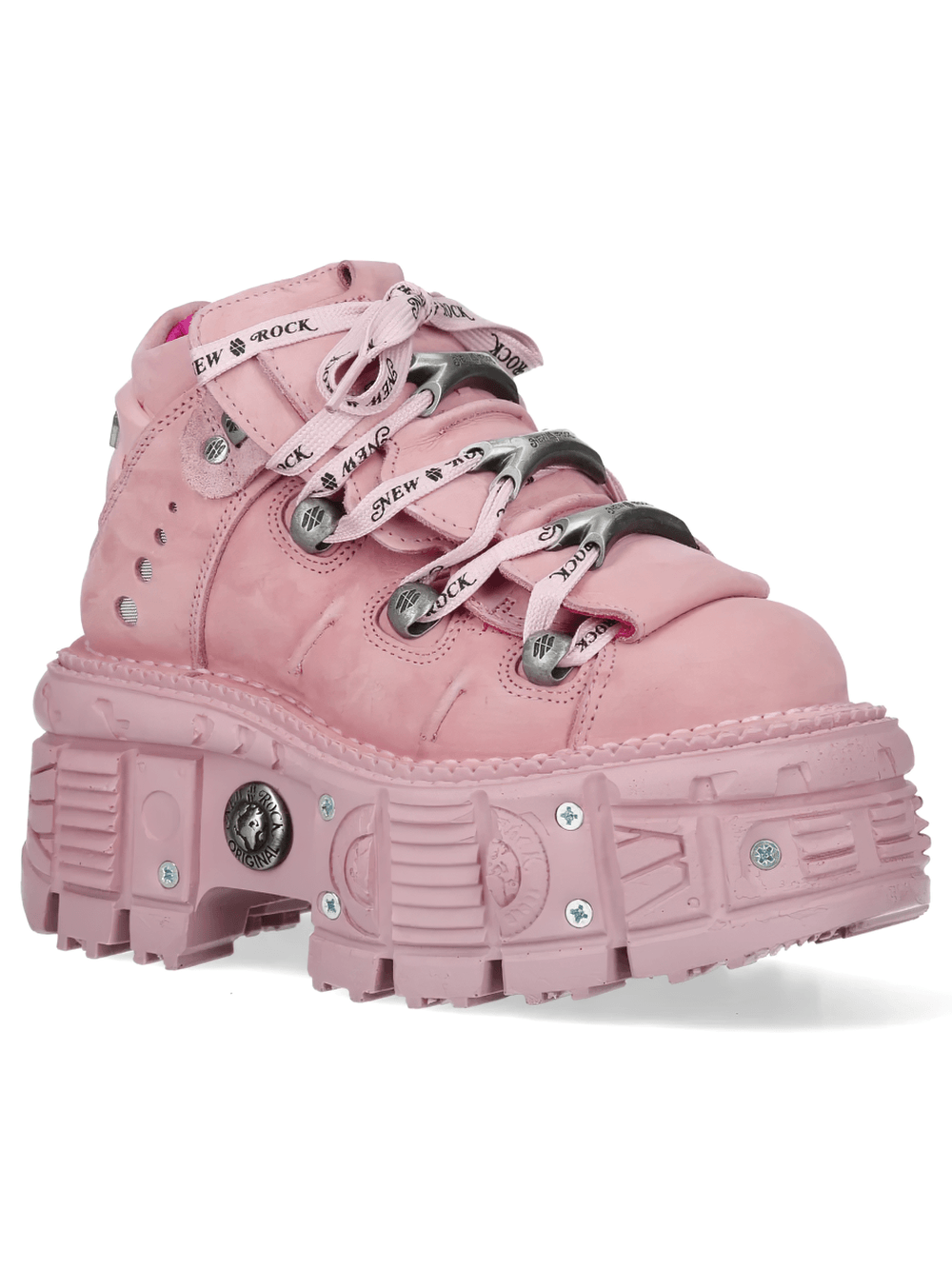 Alt Tag: NEW ROCK Pink Gothic Ankle Boots with Industrial Trim Design pastel pink chunky platform ankle boot with metallic laces