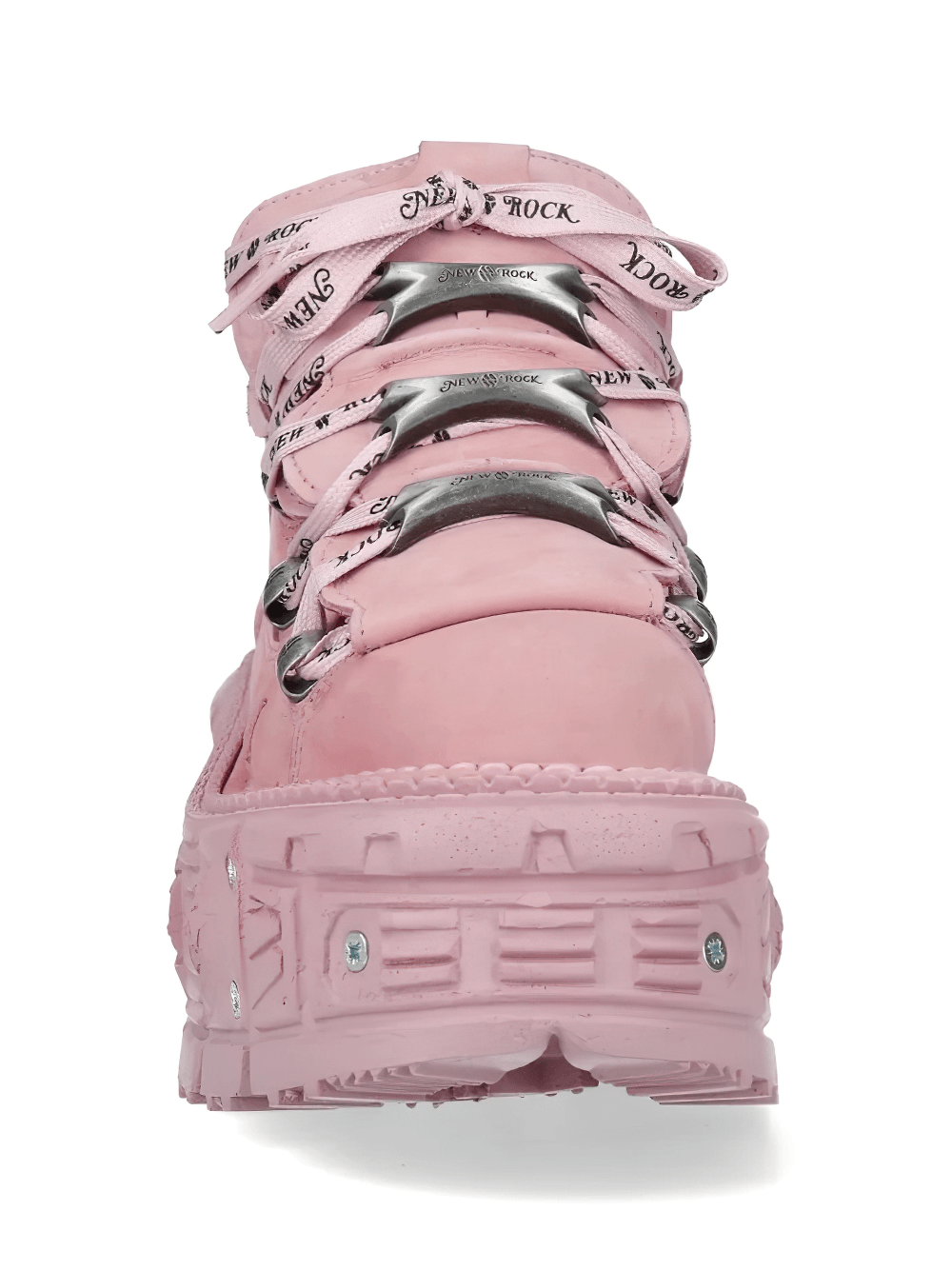 Alt Tag: NEW ROCK Pink Gothic Ankle Boots with Industrial Trim Design pastel pink chunky platform boot with metallic lace hardware, front view