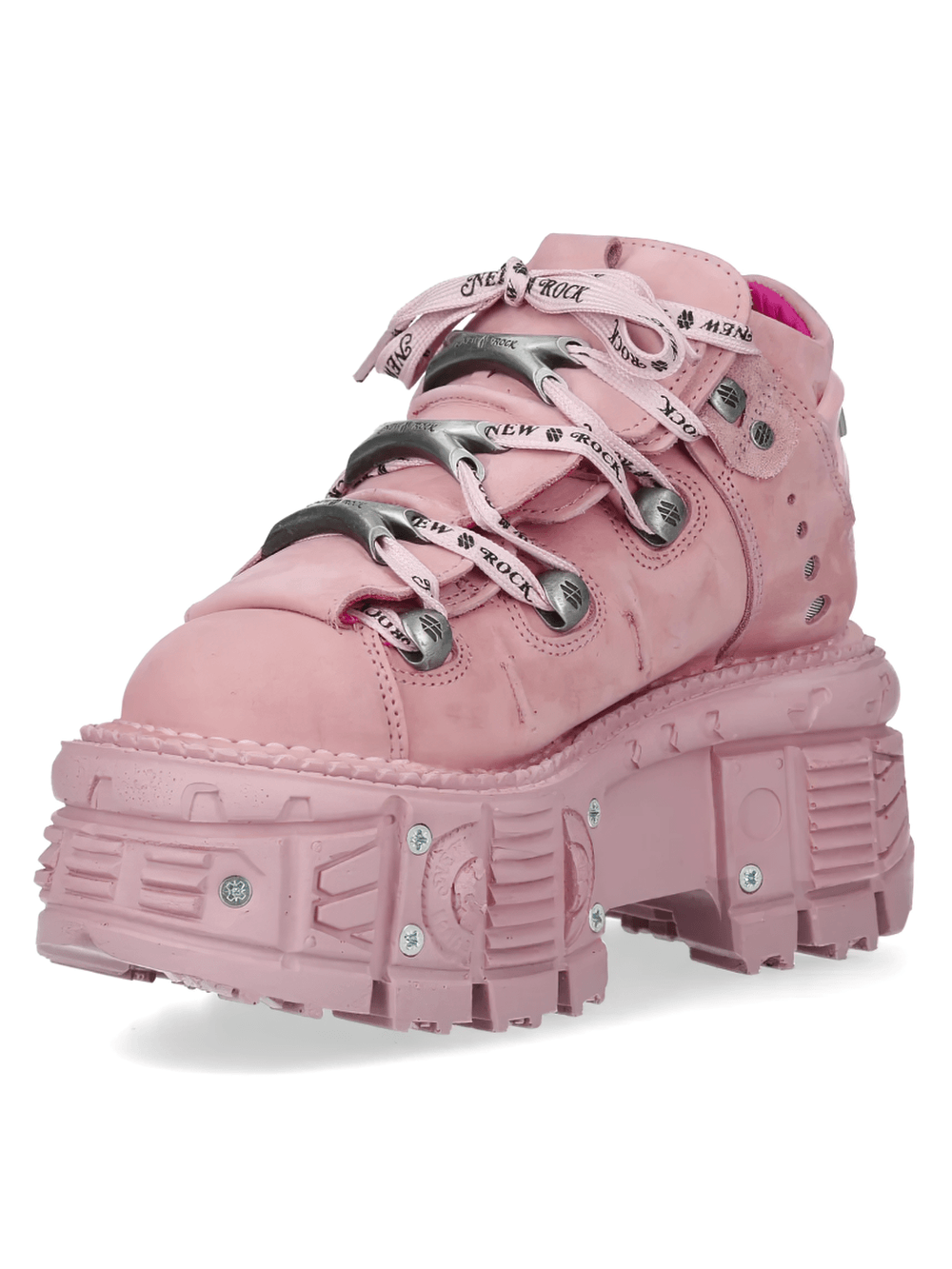 Alt Tag: NEW ROCK Pink Gothic Ankle Boots with Industrial Trim Design pastel chunky platform ankle boot in pink with metallic lace hardware