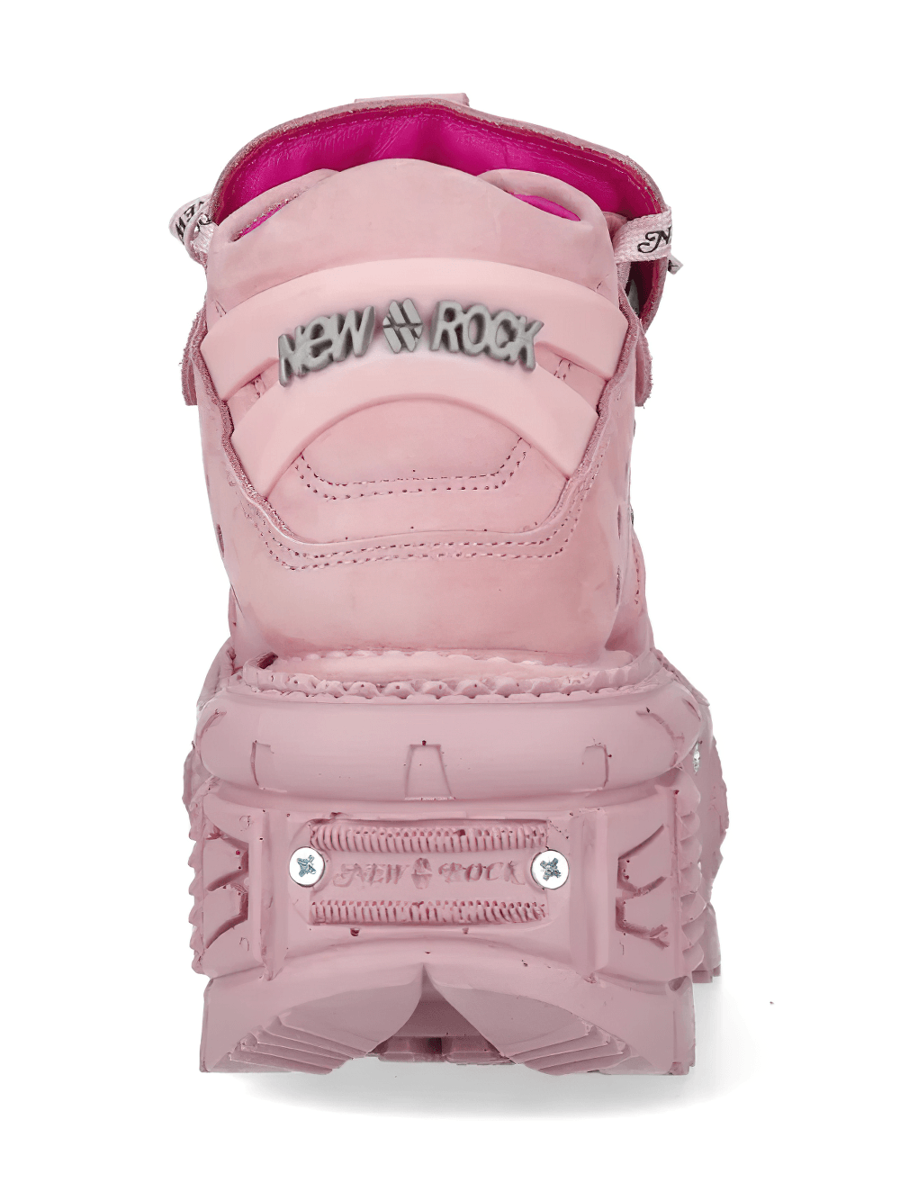 Alt Tag: NEW ROCK Pink Gothic Ankle Boots with Industrial Trim Design rear view, pastel pink chunky platform sole with metallic hardware accents
