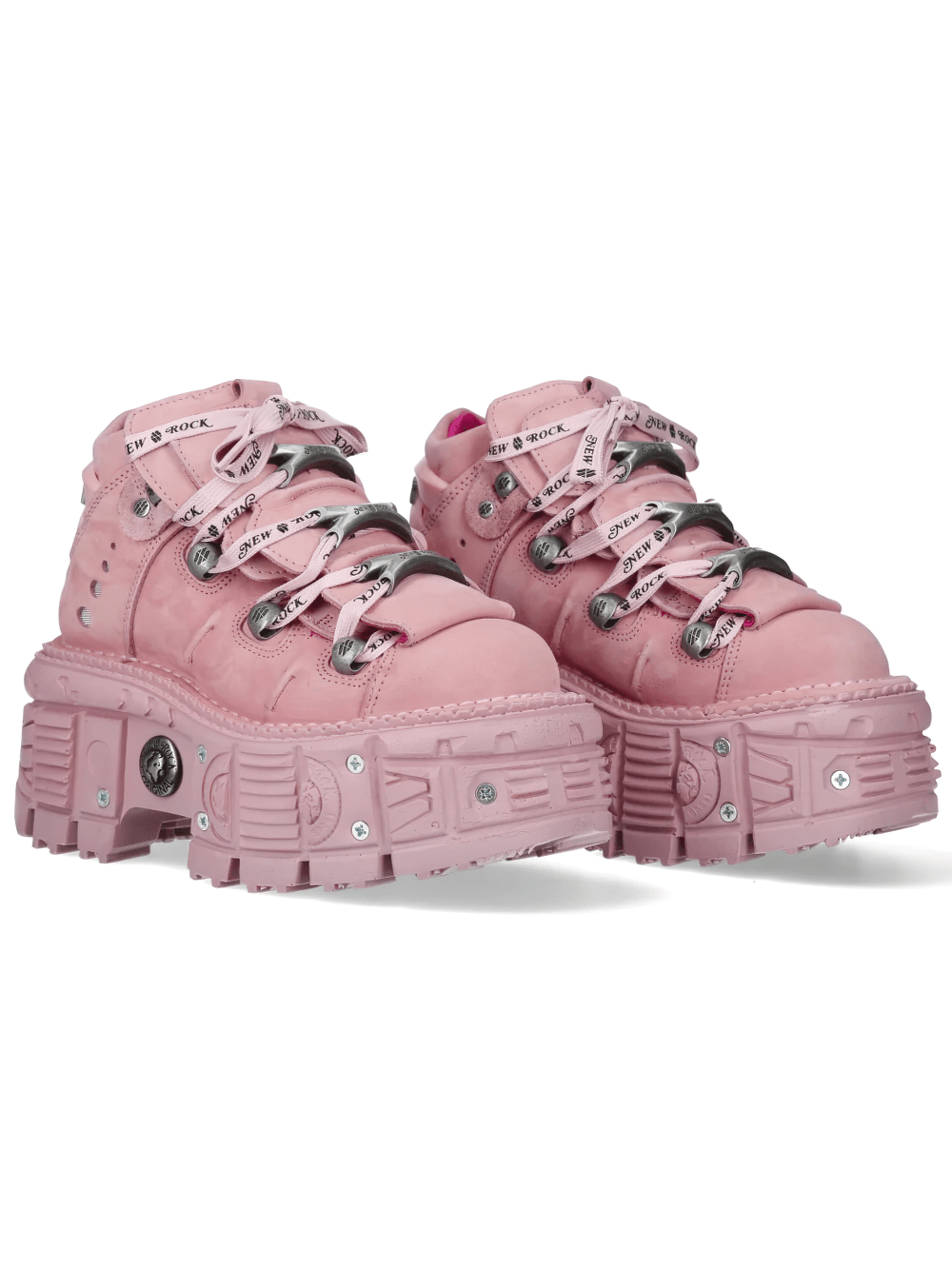 Alt Tag: NEW ROCK Pink Gothic Ankle Boots with Industrial Trim Design pastel pink chunky platform ankle boots with metallic lace details