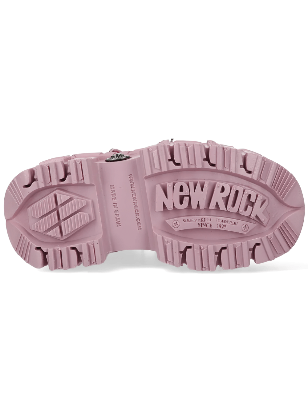 Alt Tag: NEW ROCK Pink Gothic Ankle Boots with Industrial Trim Design pastel pink chunky platform sole bottom view with NEWROCK logo