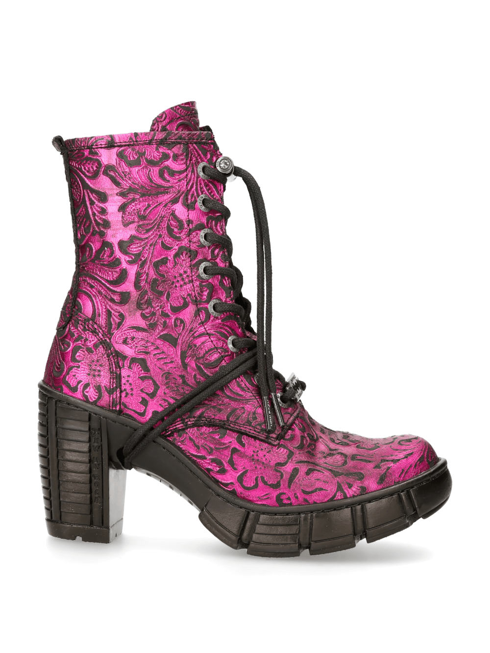 NEW ROCK Pink Gothic Print Lace-Up Ankle Boots with metallic pattern and chunky heel, perfect for bold urban style.