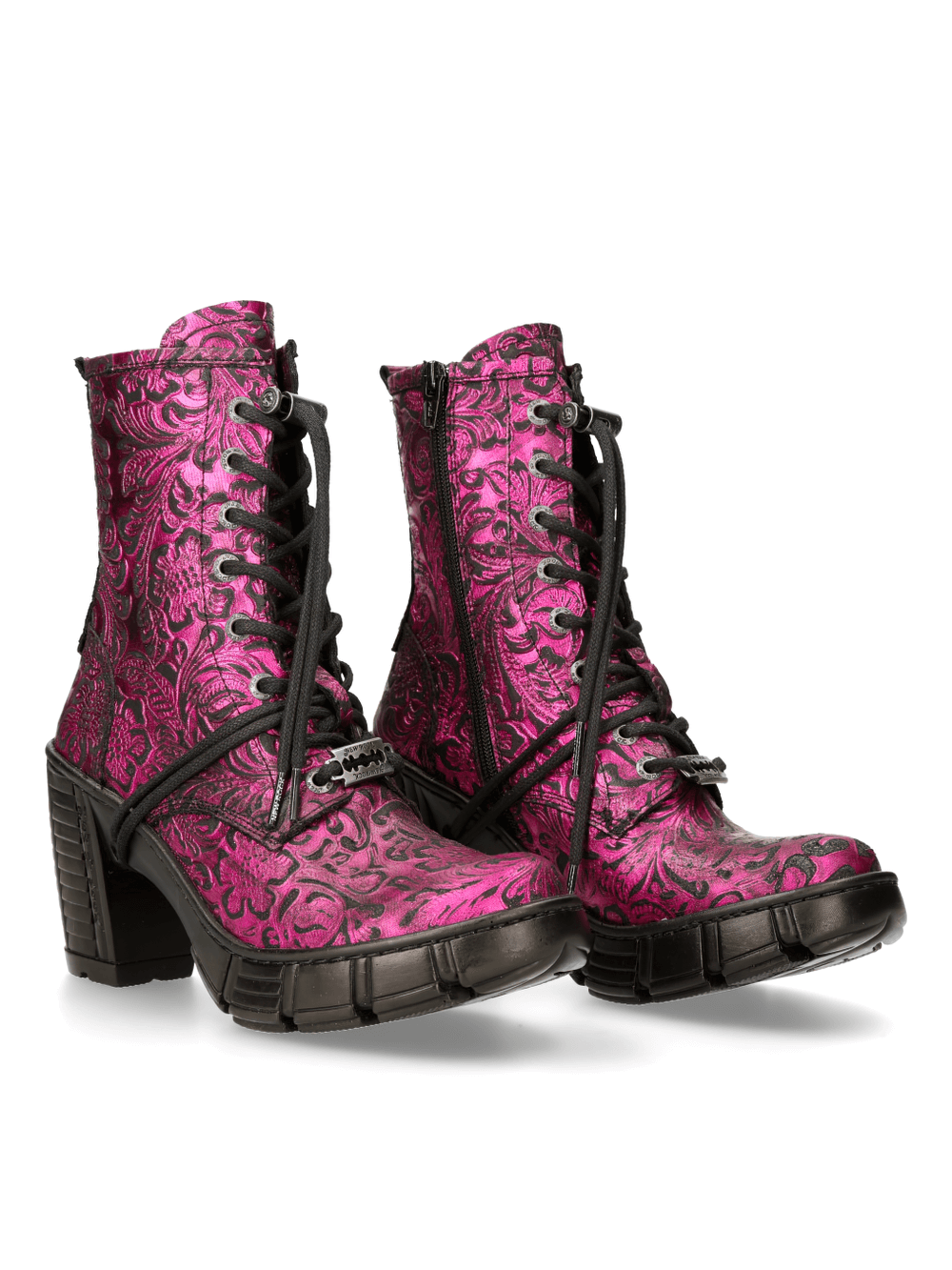 NEW ROCK Pink Gothic Print Lace-Up Ankle Boots with metallic pattern and heel, blending style and durability.