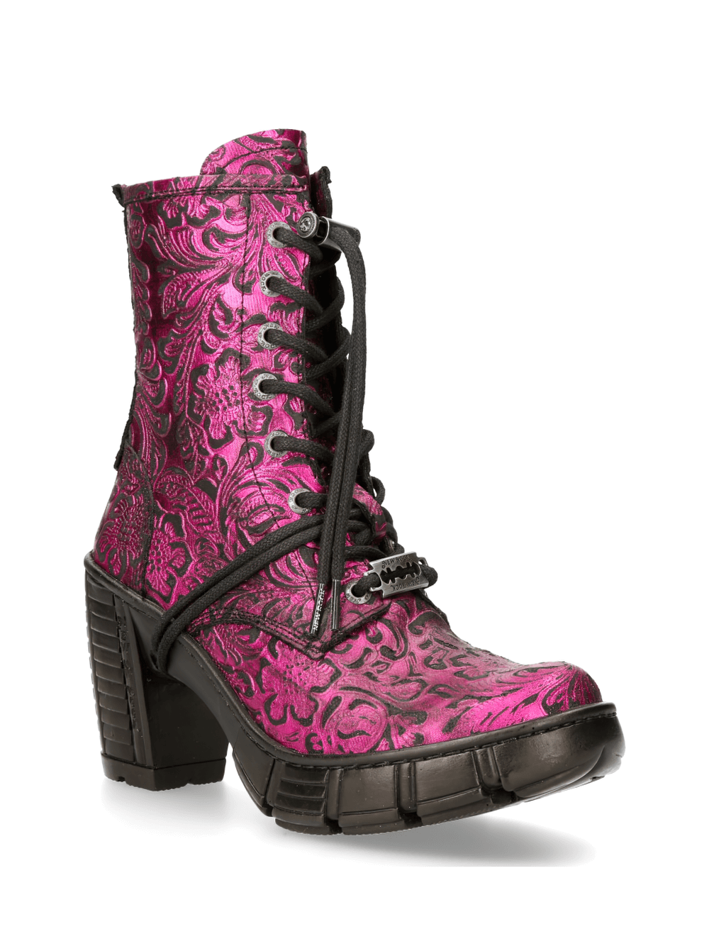 NEW ROCK Pink Gothic Print Lace-Up Ankle Boots