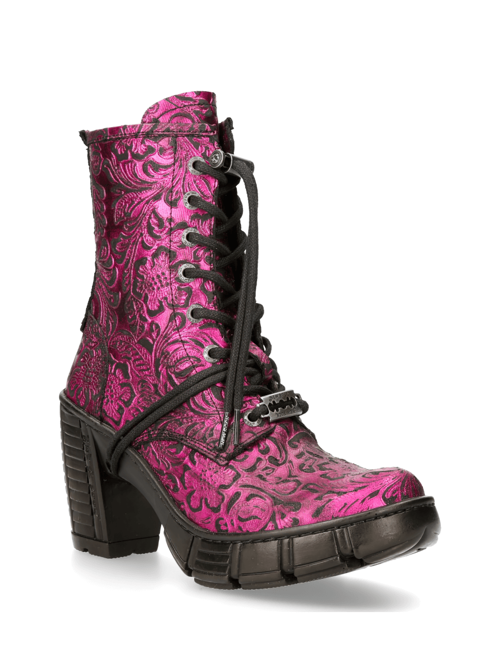 Vibrant pink gothic print lace-up ankle boots with a metallic pattern and chunky heel for bold urban style.