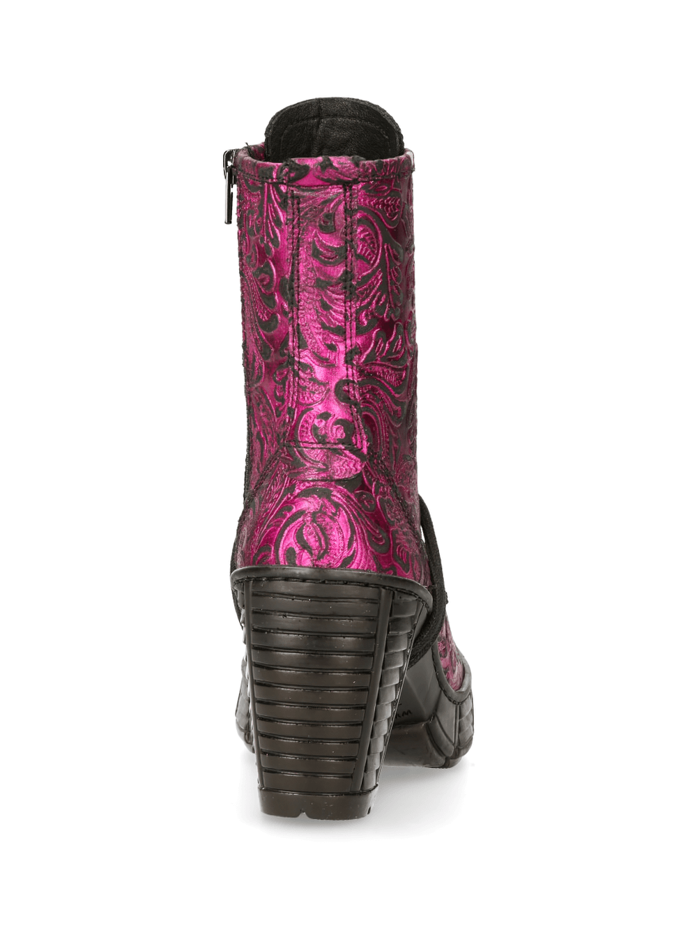 Back view of NEW ROCK Pink Gothic Print Lace-Up Ankle Boots with vibrant pink metallic pattern and stylish heel.