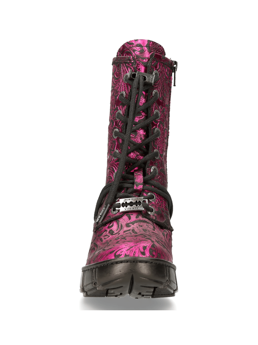 NEW ROCK Pink Gothic Print Lace-Up Ankle Boots with vibrant metallic pattern and zipper detail, perfect for a bold style.