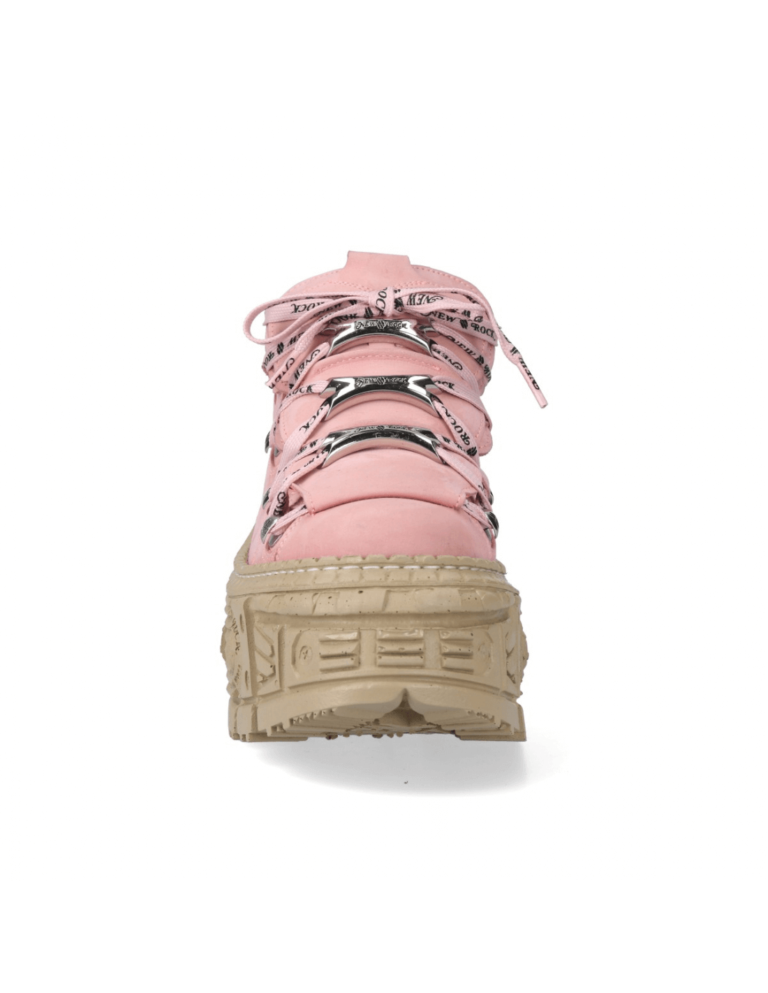 New Rock men's pink lace-up ankle boots with chunky soles, showcasing unique rock aesthetics and durable leather craftsmanship.