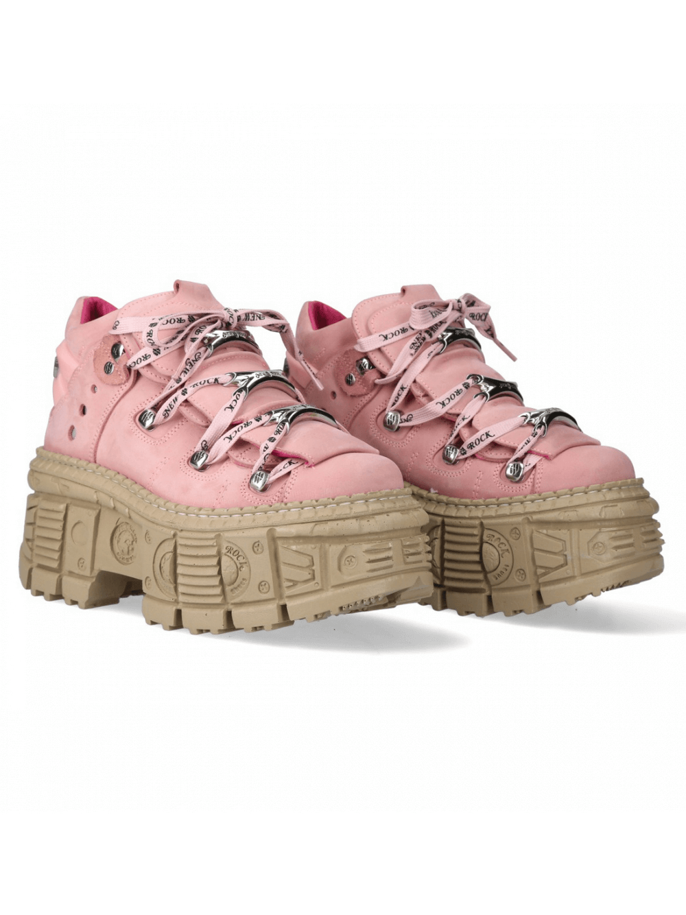 NEW ROCK Men's Pink Lace-Up Ankle Boots with Chunky Soles for a bold fashion statement.