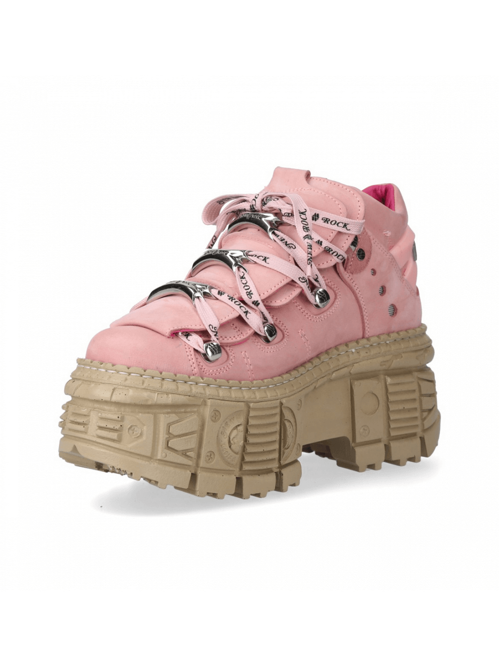 NEW ROCK Men's Pink Rocker Ankle Boots featuring chunky soles and lace-up design for a bold fashion statement.