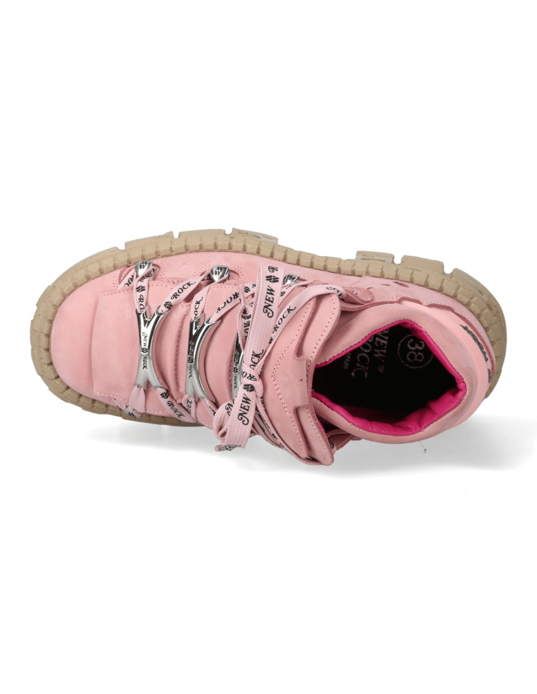 Top view of NEW ROCK Men's Pink Rocker Ankle Boots featuring chunky sole and stylish lace-up design.