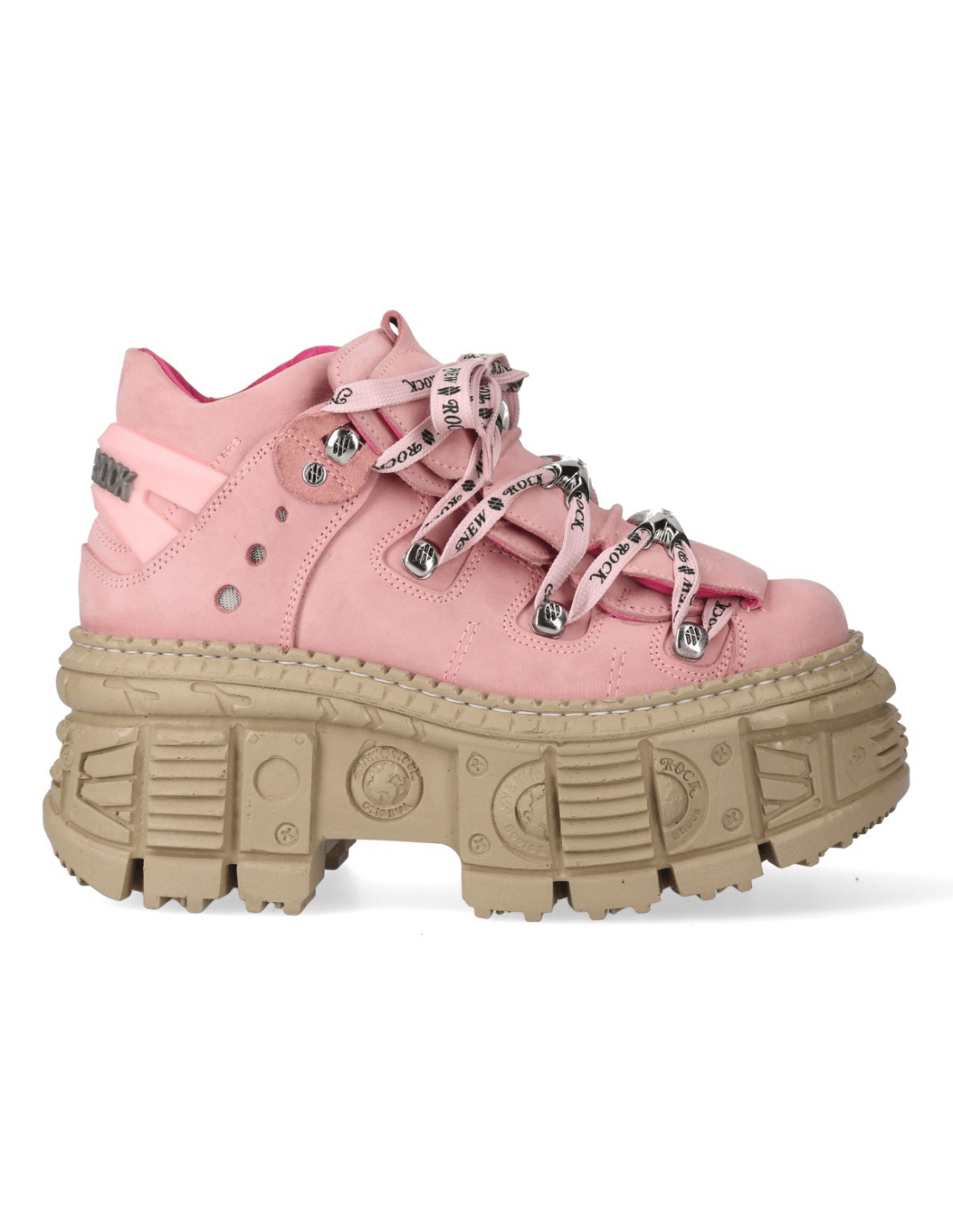 NEW ROCK men's pink leather lace-up ankle boots with chunky tan sole and bold fashion style.