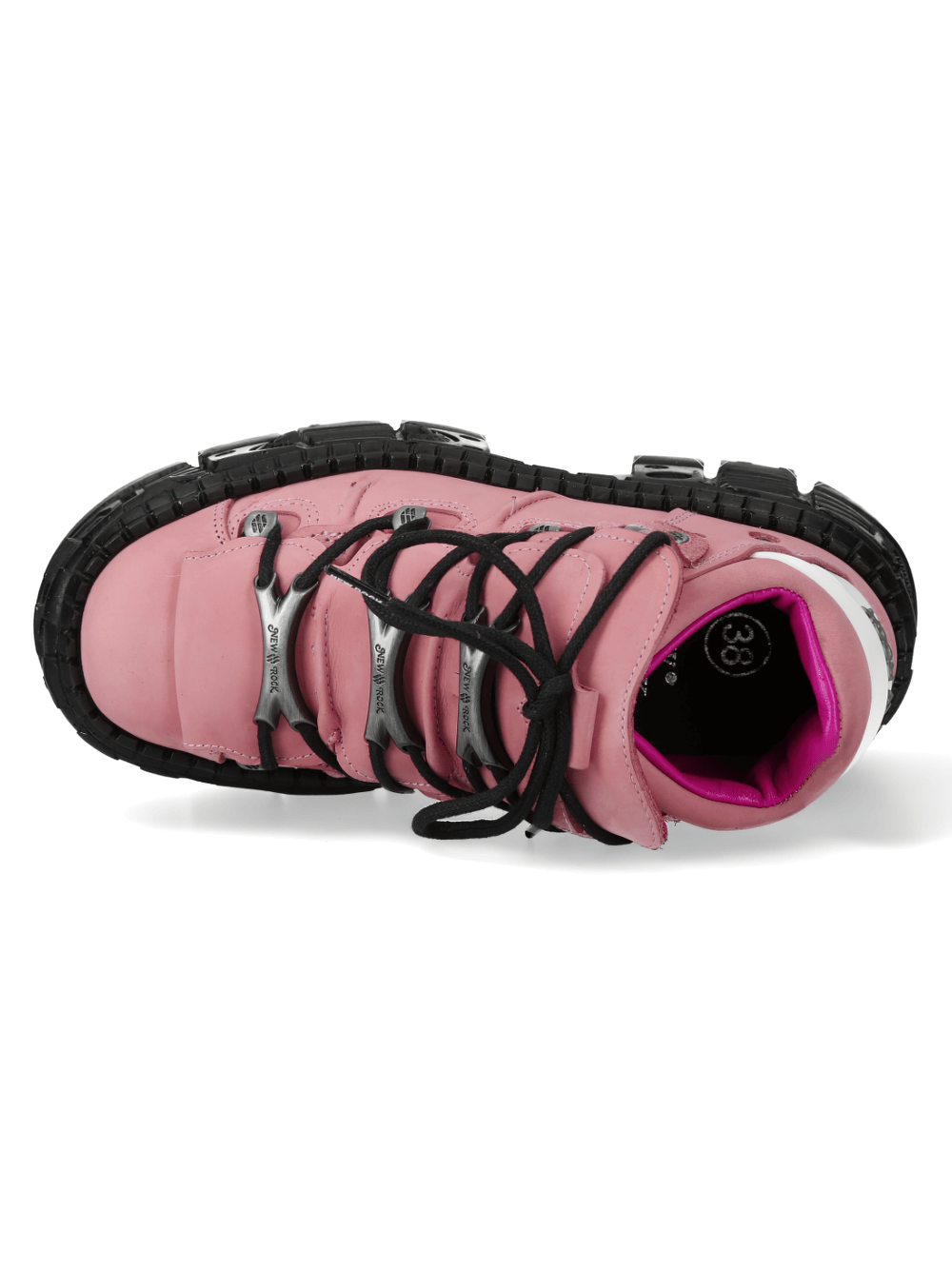 Stylish pink urban heavy ankle boots with metallic details and unique lacing. Perfect for a bold rock-inspired look.