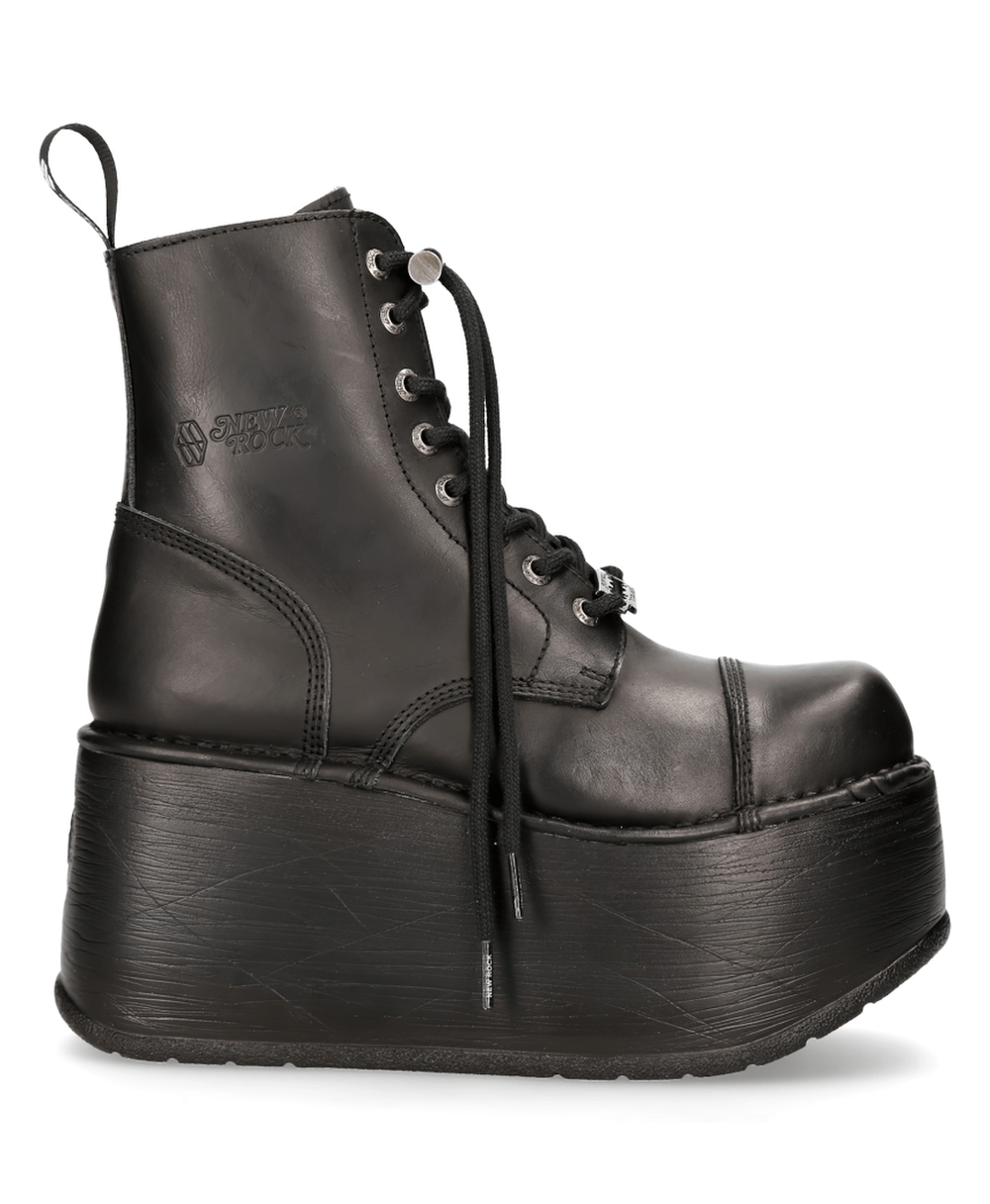 Black Gothic chunky platform ankle boots with military punk style, featuring lace-up and zipper closure.