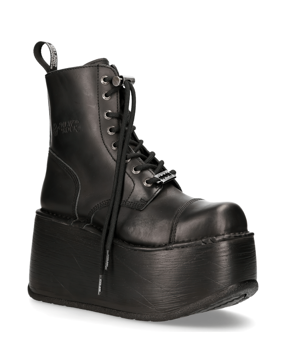 NEW ROCK black chunky platform ankle boots with military punk style and lace-up design.