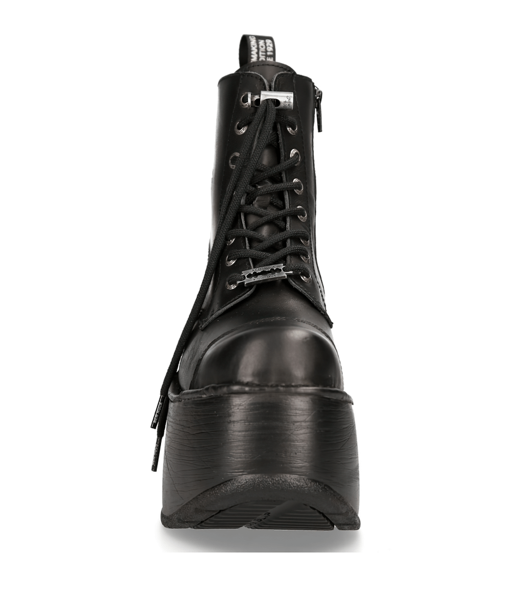 Front view of NEW ROCK black chunky platform ankle boots with lace-up and zipper closure, showcasing edgy military punk style.