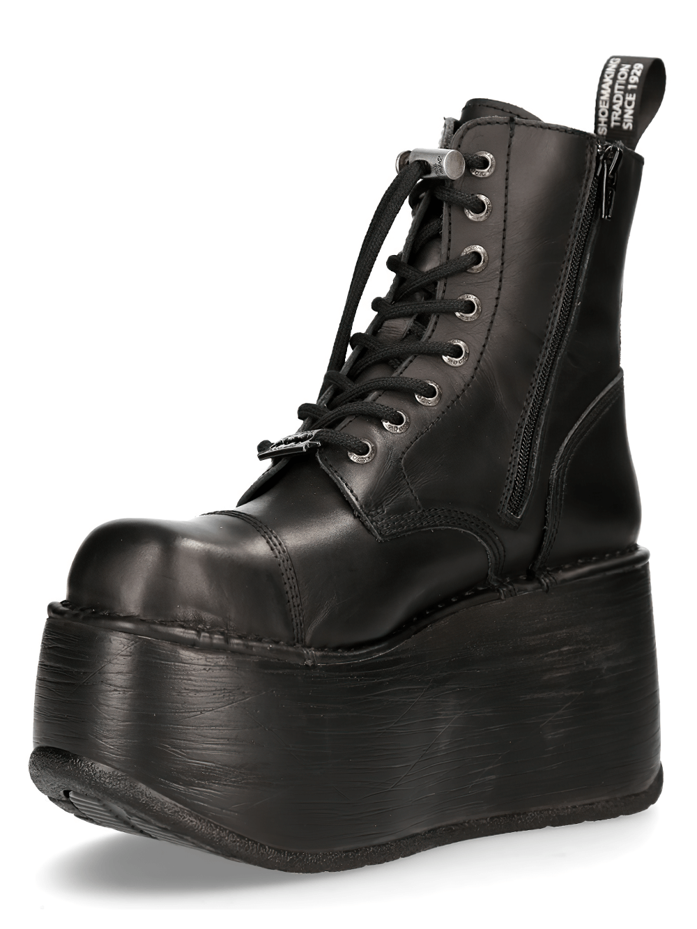 NEW ROCK black chunky platform ankle boots with military punk style, featuring lace-up and zipper closure.